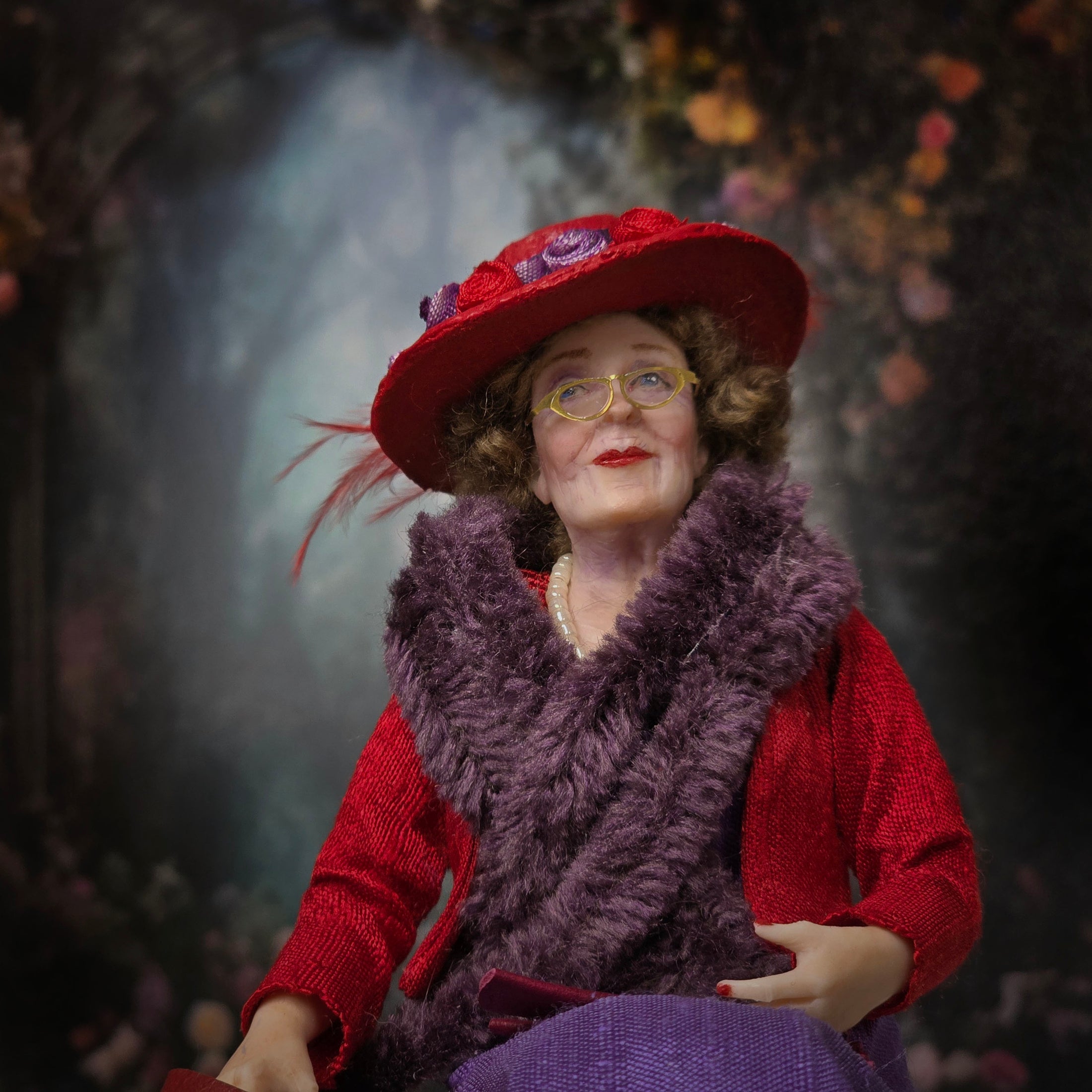 Julie Campbell IGMA Red Hat Society Lady Seated Doll with Purse & Gloves
