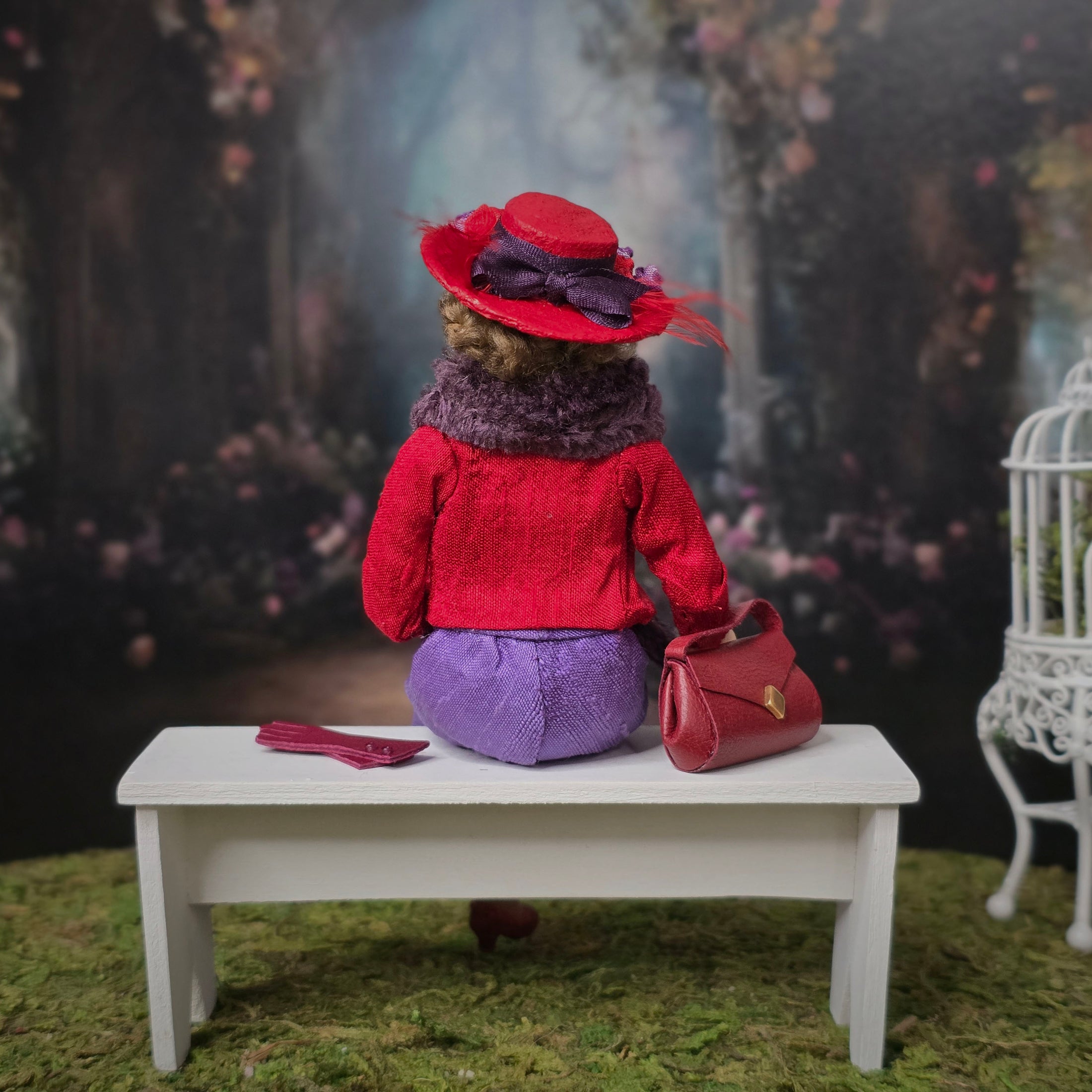 Julie Campbell IGMA Red Hat Society Lady Seated Doll with Purse & Gloves