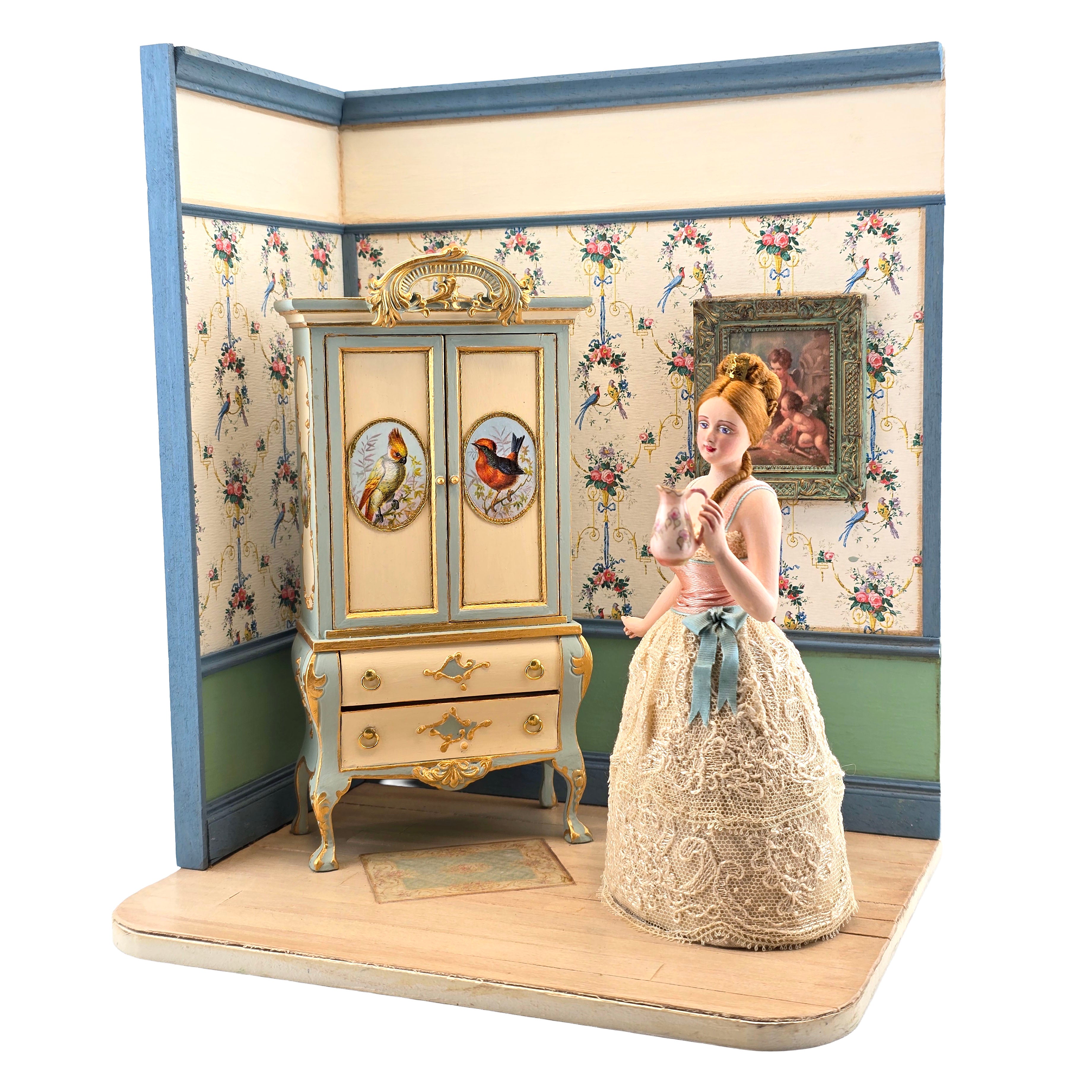 Gale Elena Bantock Victorian Bedroom Wardrobe Vignette with Lady Doll at Bedtime IGMA