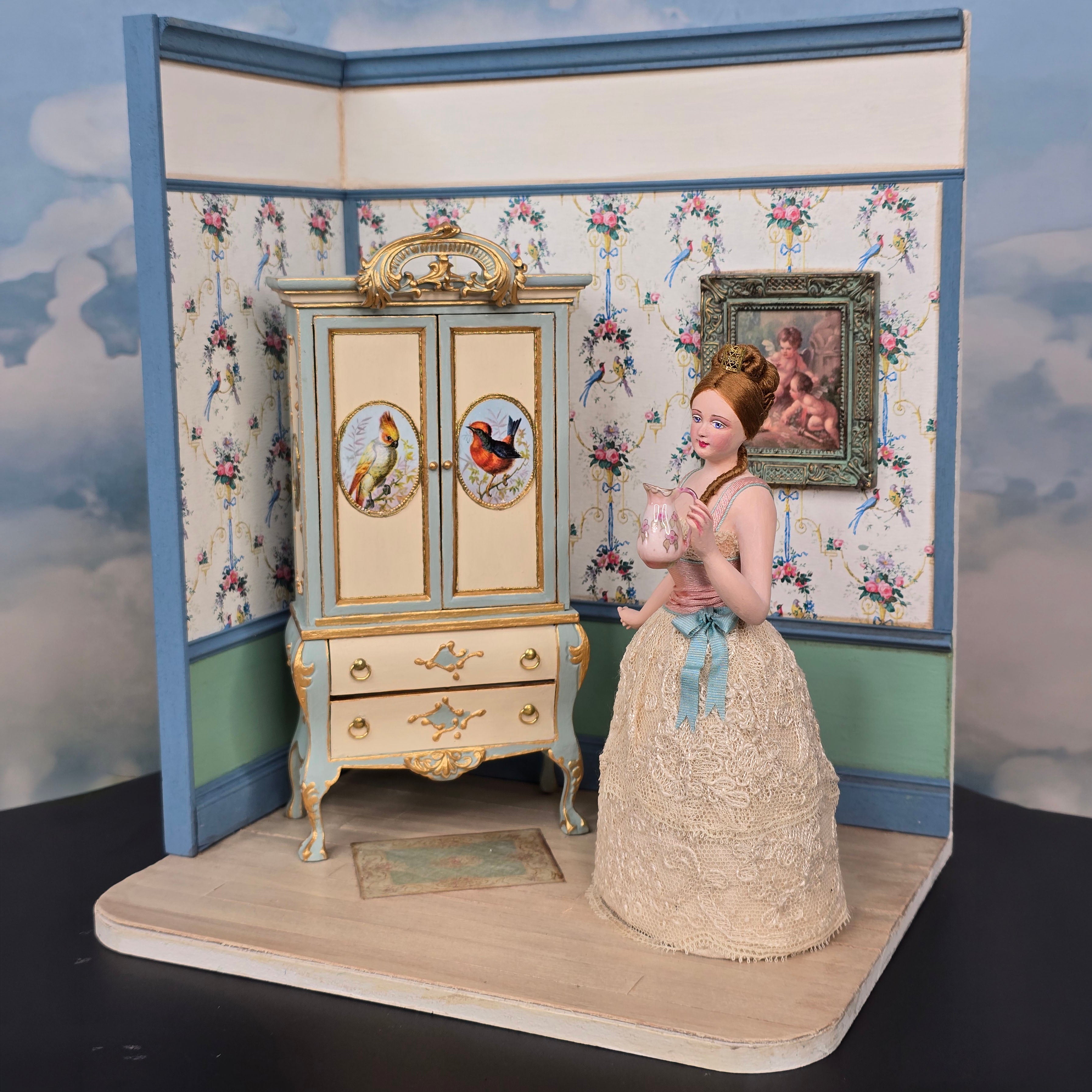 Gale Elena Bantock Victorian Bedroom Wardrobe Vignette with Lady Doll at Bedtime IGMA