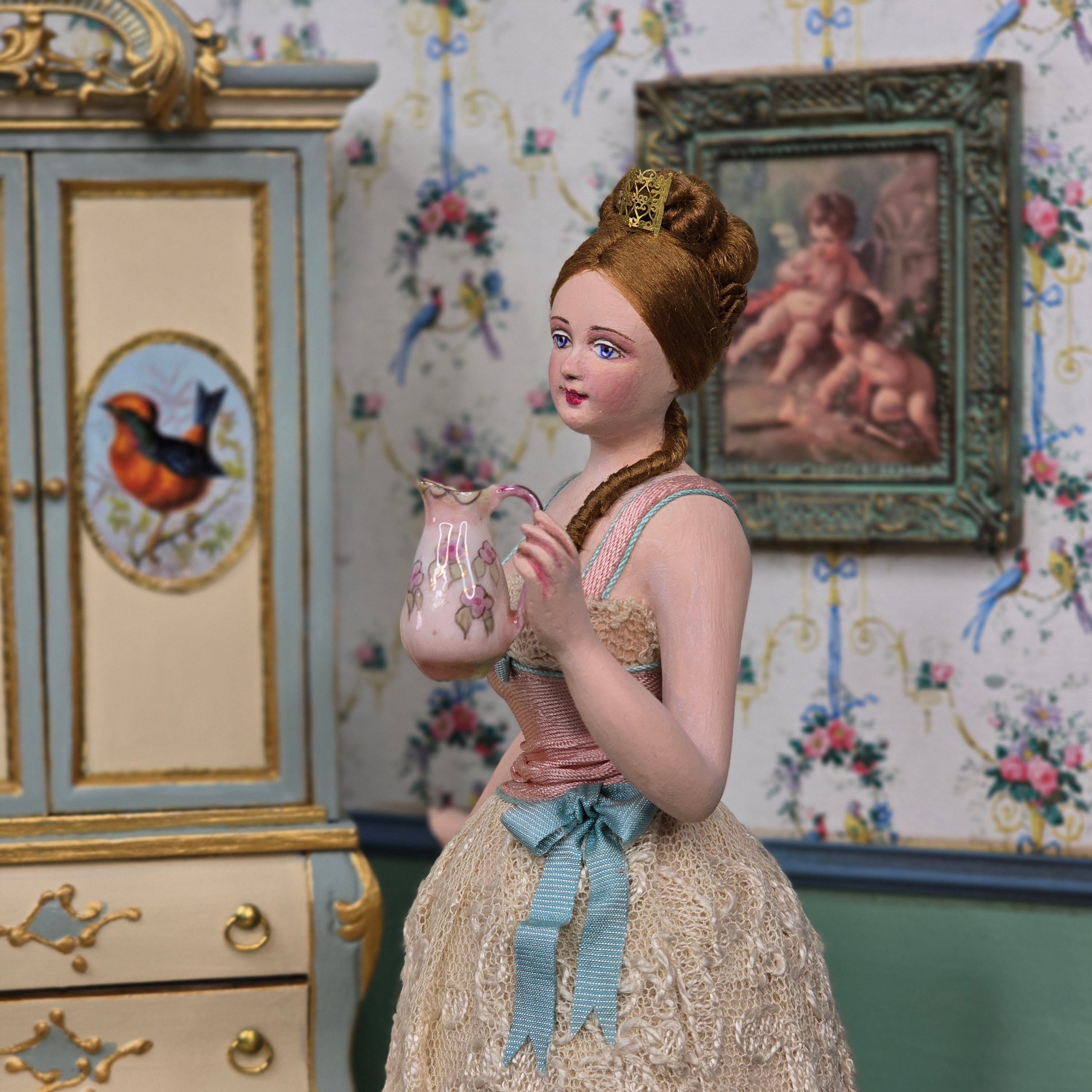 Gale Elena Bantock Victorian Bedroom Wardrobe Vignette with Lady Doll at Bedtime IGMA