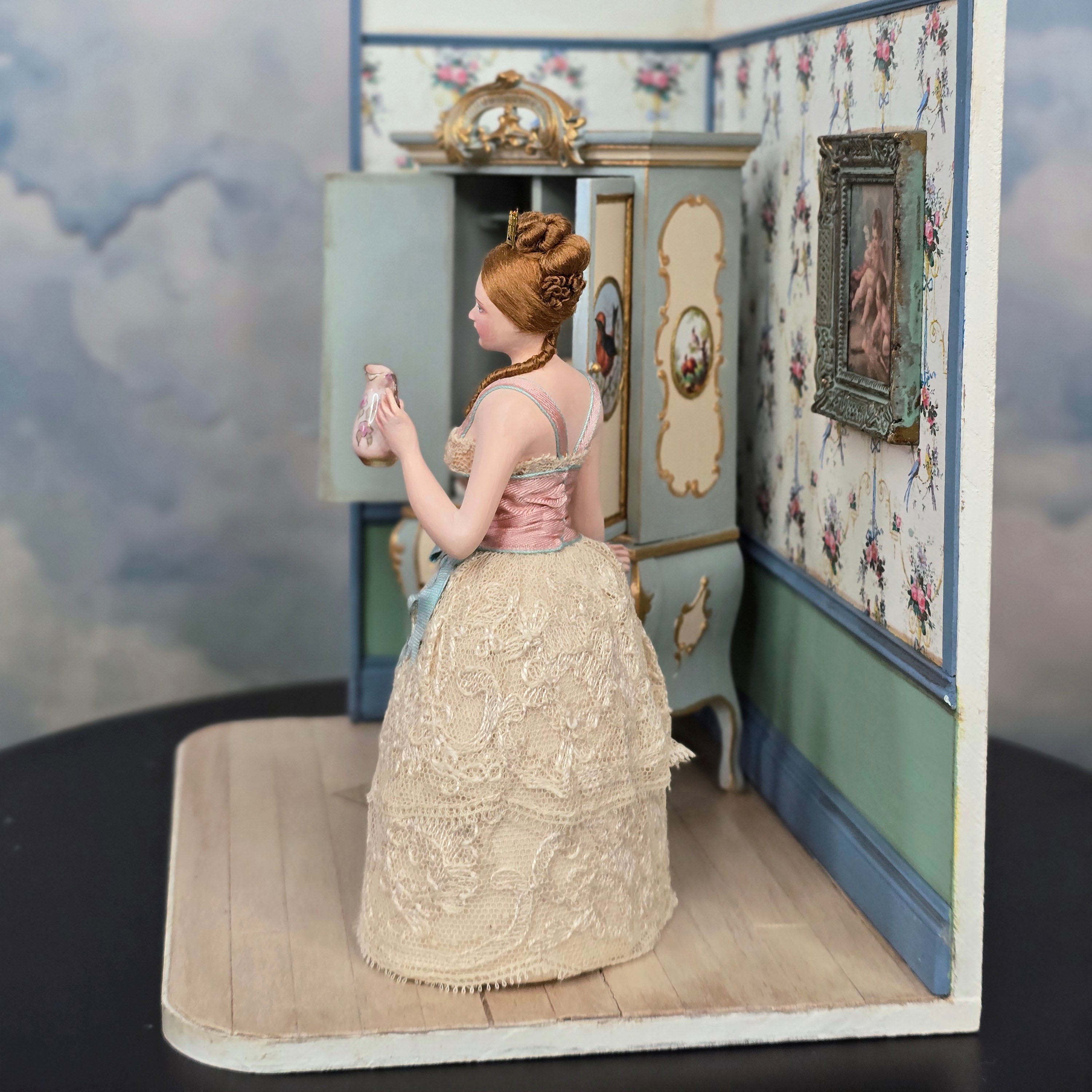 Gale Elena Bantock Victorian Bedroom Wardrobe Vignette with Lady Doll at Bedtime IGMA