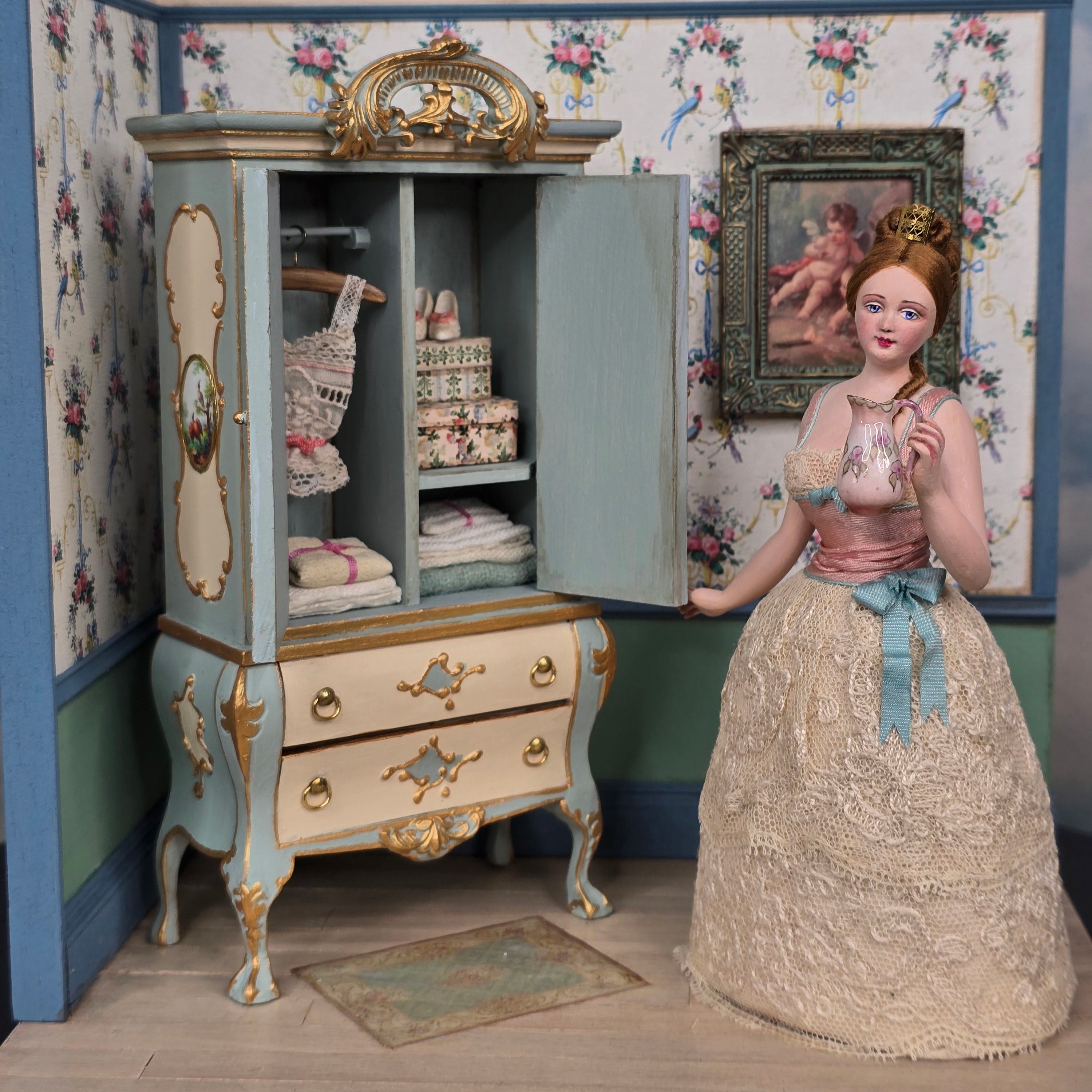 Gale Elena Bantock Victorian Bedroom Wardrobe Vignette with Lady Doll at Bedtime IGMA