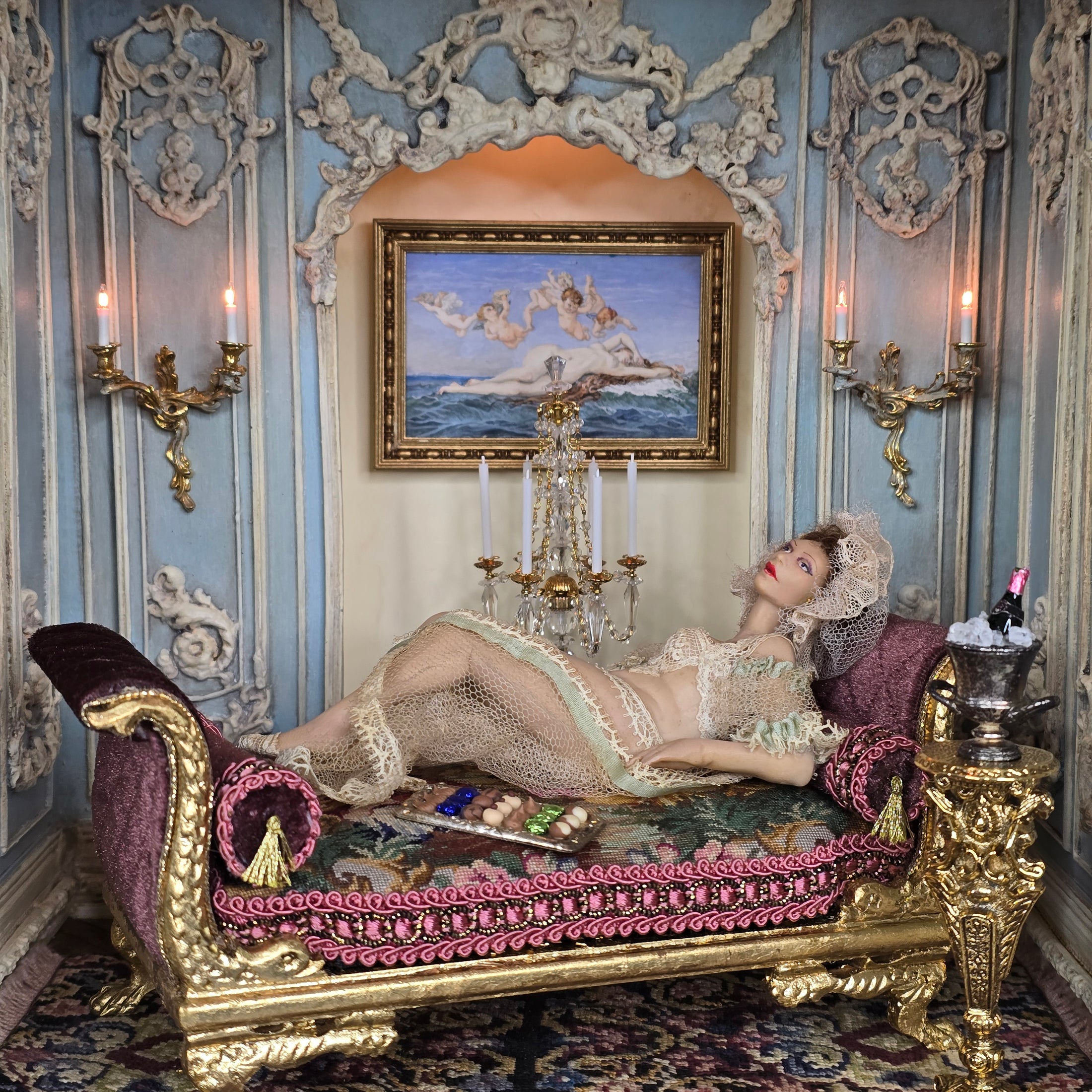 Decorative interior with ornate furniture, chandelier, and wall art. James Carrington doll.