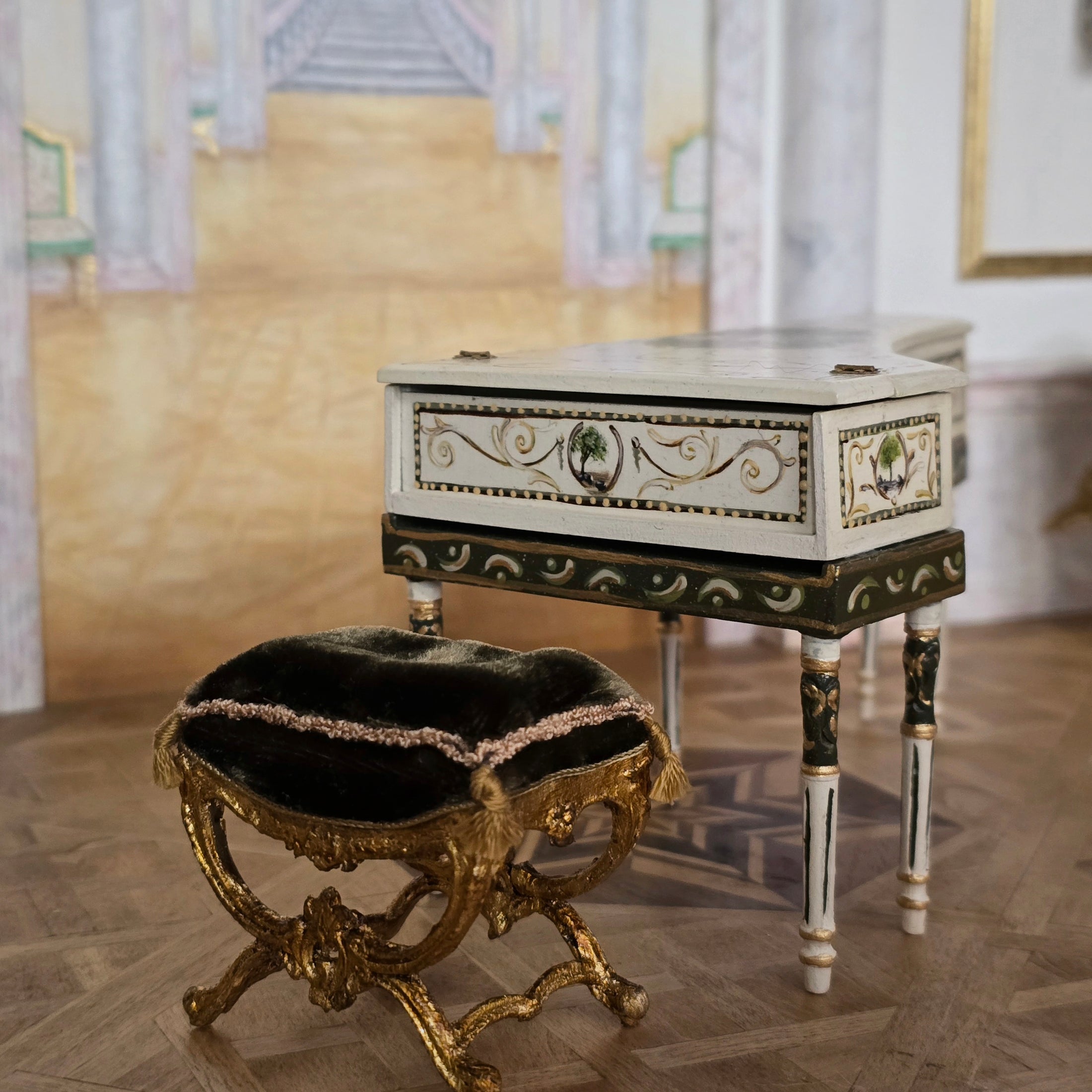 Hand-Painted Wood Harpsichord & Velvet Gold-leaf Bench by June Clinkscales
