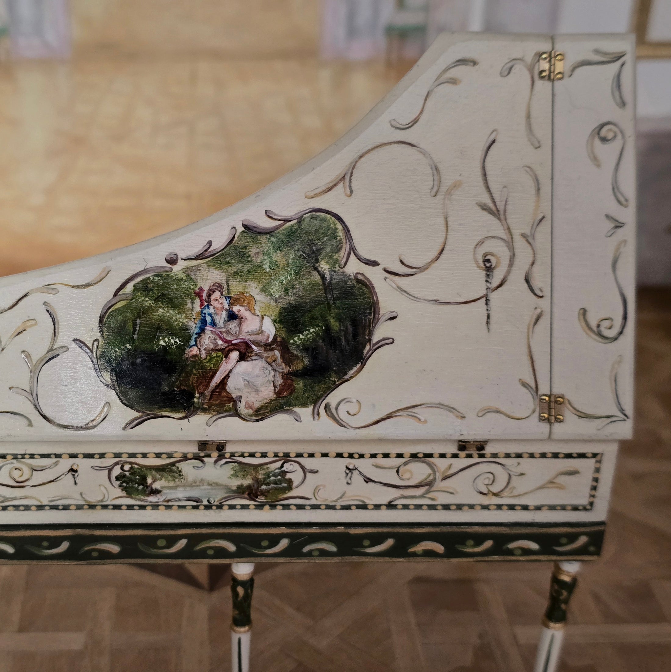 Hand-Painted Wood Harpsichord & Velvet Gold-leaf Bench by June Clinkscales
