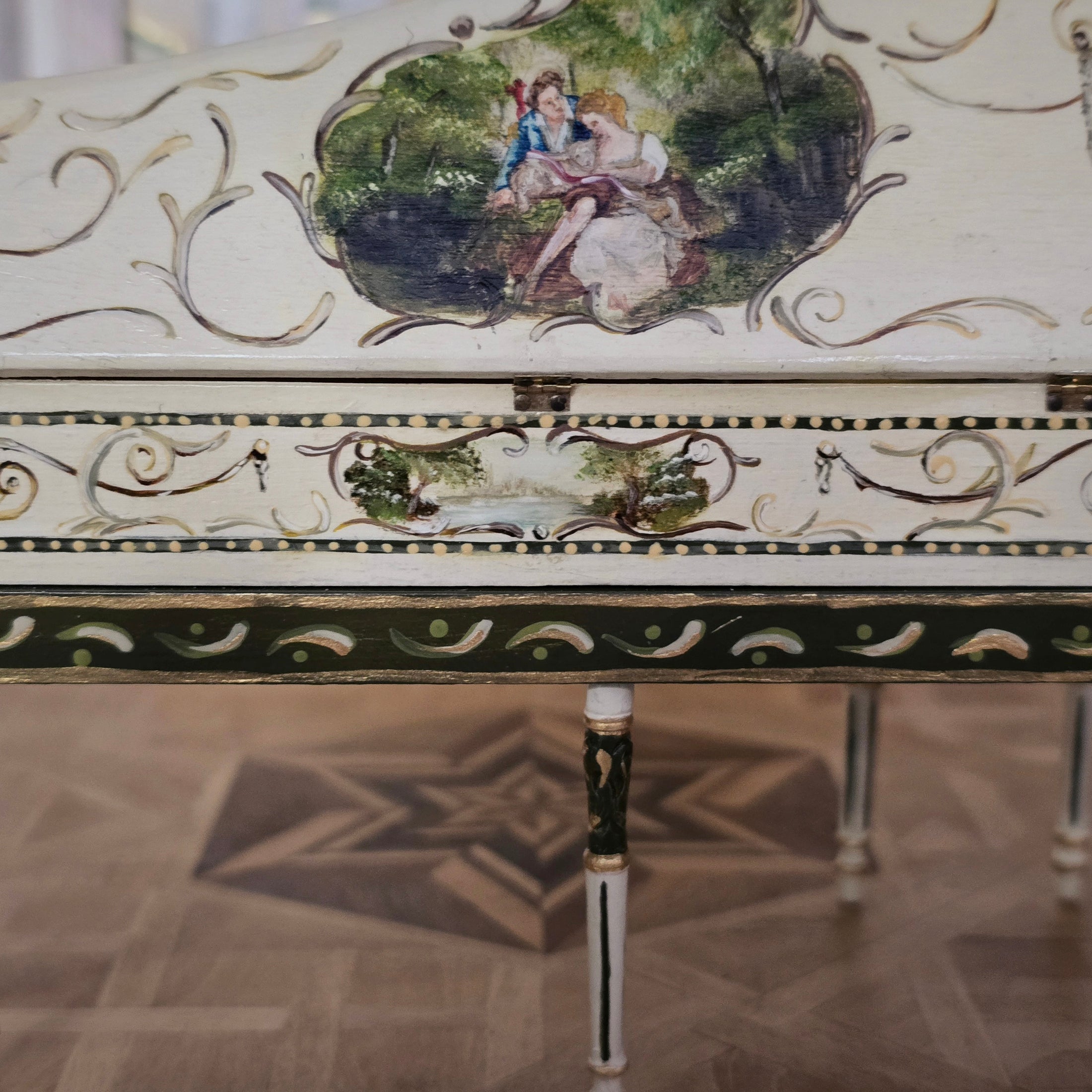 Hand-Painted Wood Harpsichord & Velvet Gold-leaf Bench by June Clinkscales