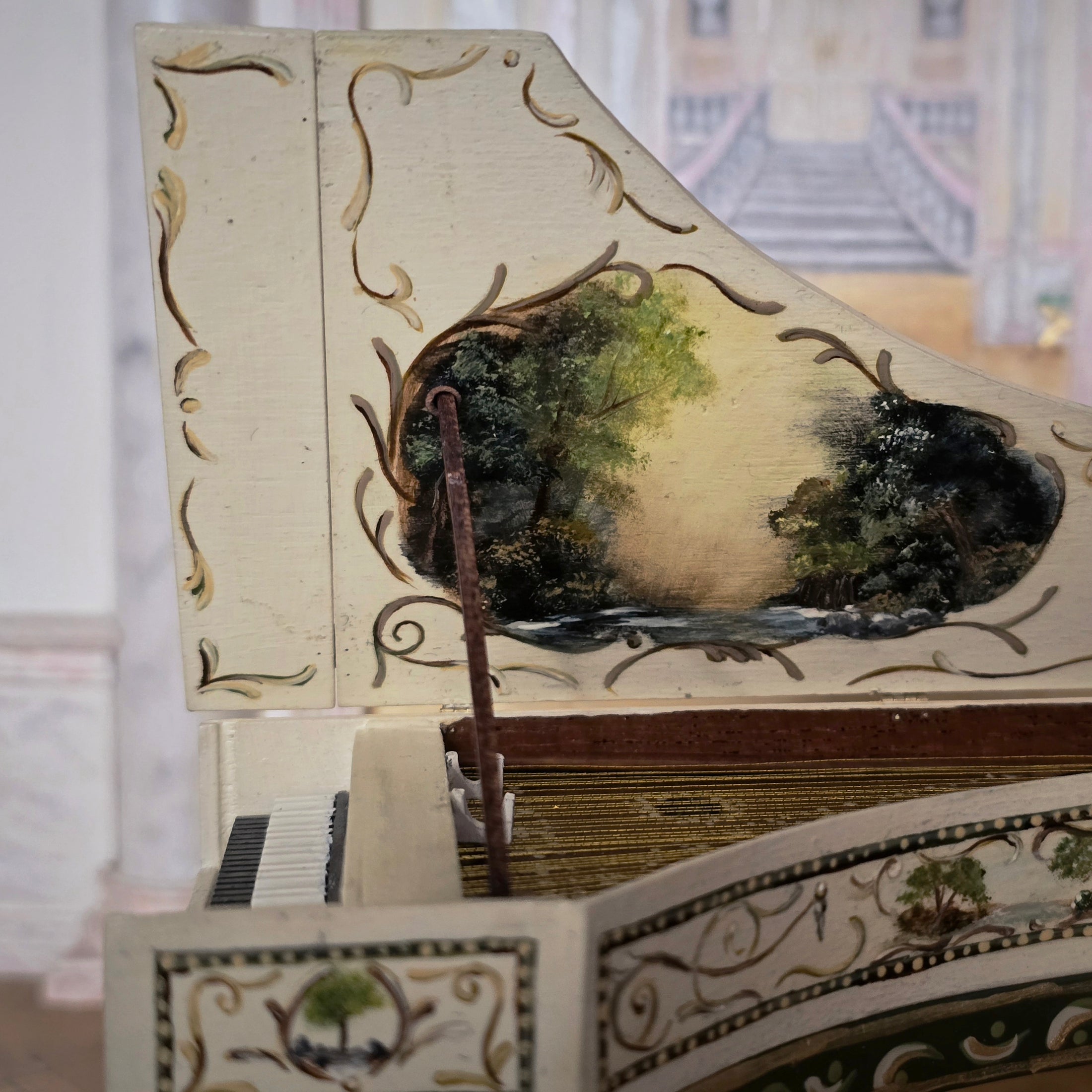Hand-Painted Wood Harpsichord & Velvet Gold-leaf Bench by June Clinkscales
