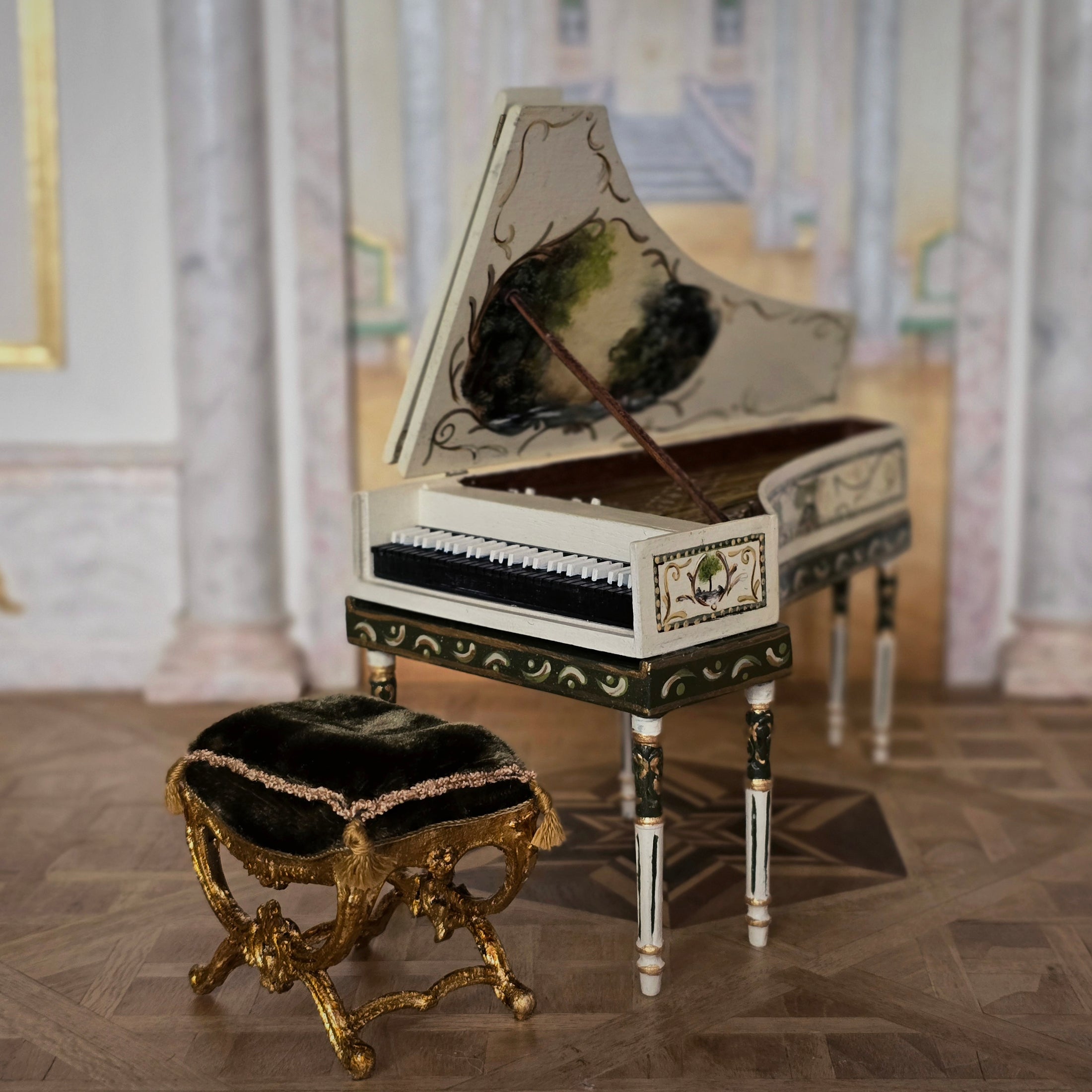 Hand-Painted Wood Harpsichord & Velvet Gold-leaf Bench by June Clinkscales