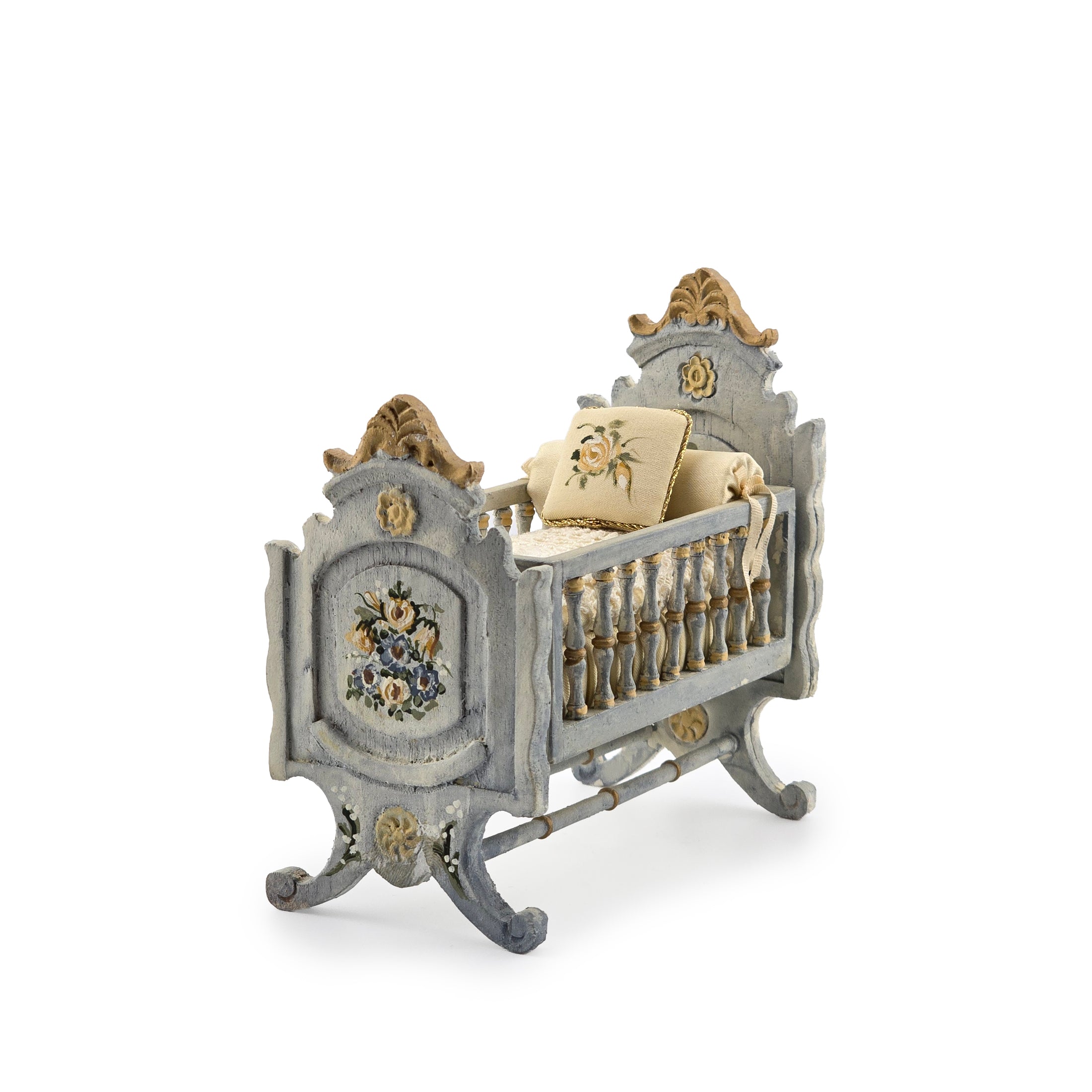 Painted Baby Blue Antique-Style Cradle Dressed with Silk Bedding Bluette Meloney