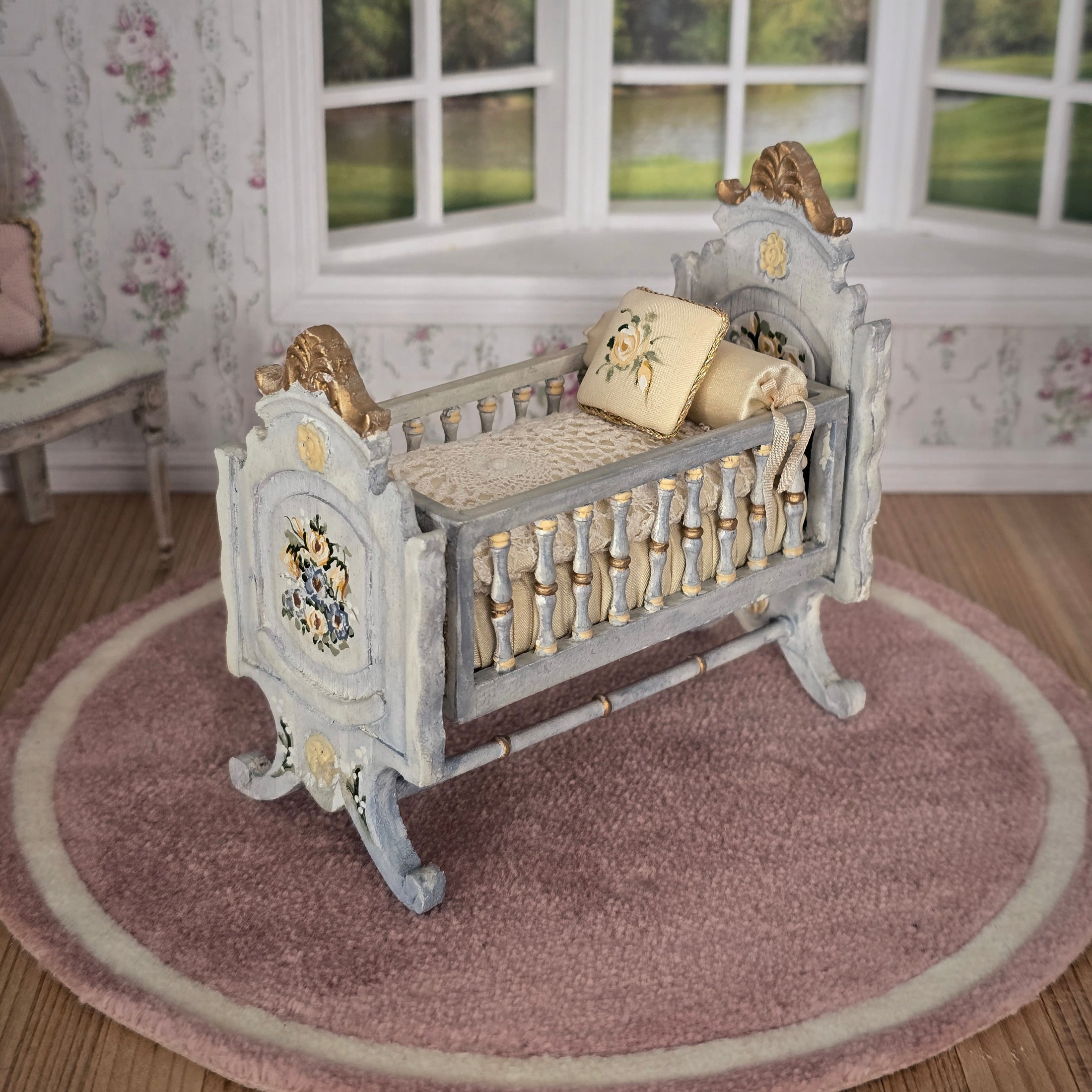 Painted Baby Blue Antique-Style Cradle Dressed with Silk Bedding Bluette Meloney