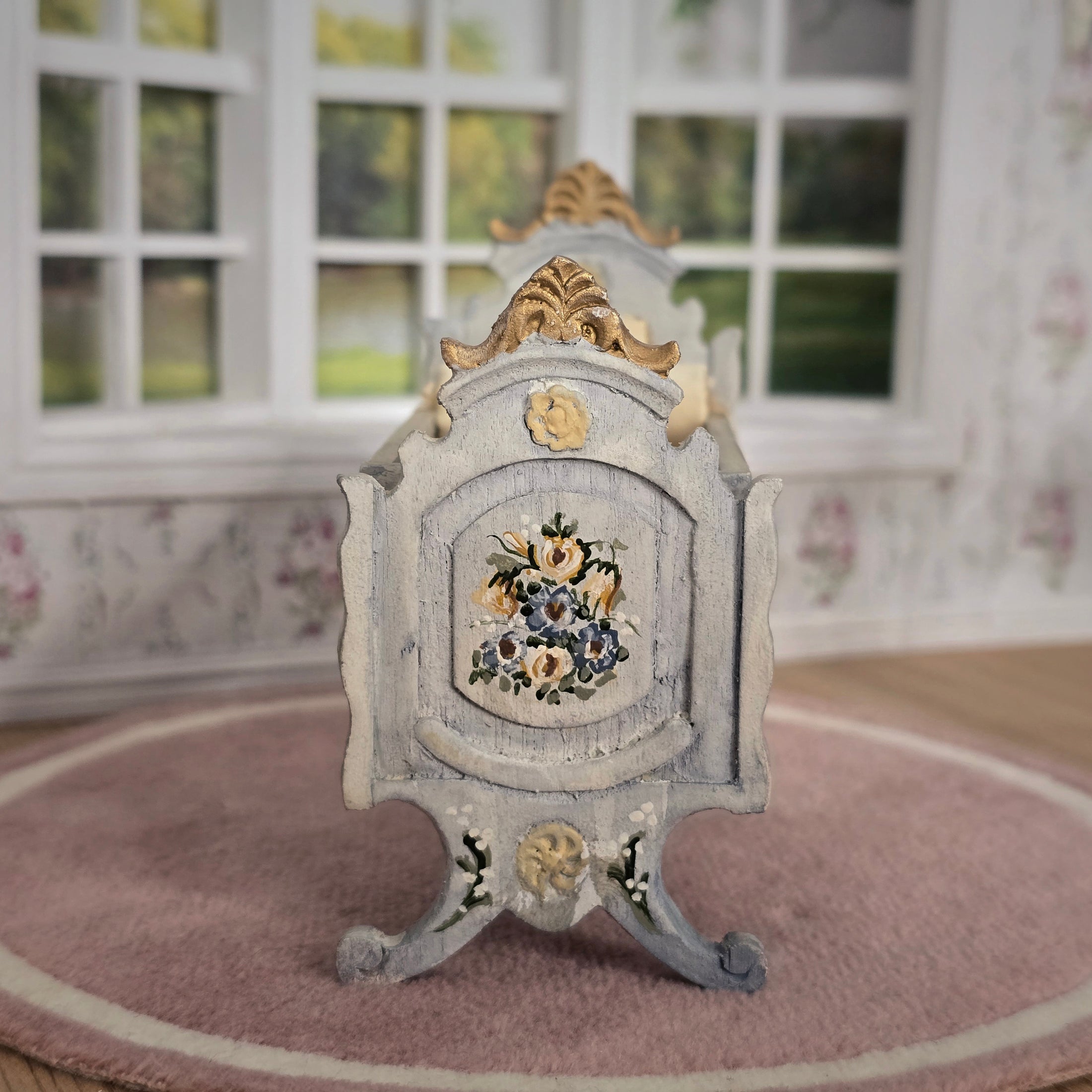Painted Baby Blue Antique-Style Cradle Dressed with Silk Bedding Bluette Meloney