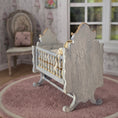 Load image into Gallery viewer, Painted Baby Blue Antique-Style Cradle Dressed with Silk Bedding Bluette Meloney
