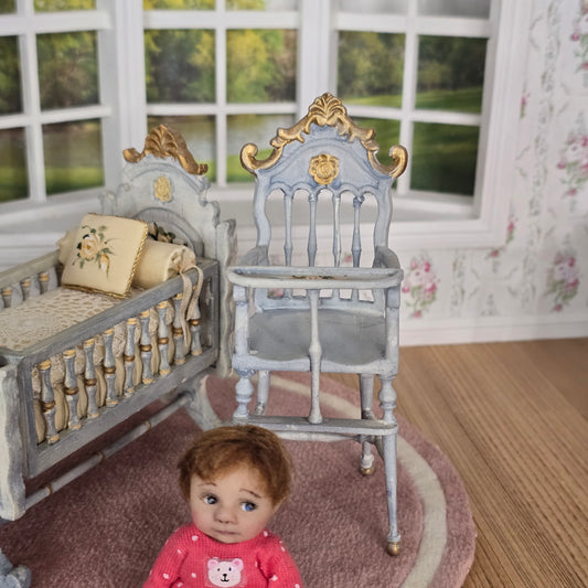 RARE Hand-Painted Carved Wood Antique-Style High Chair by Bluette Meloney