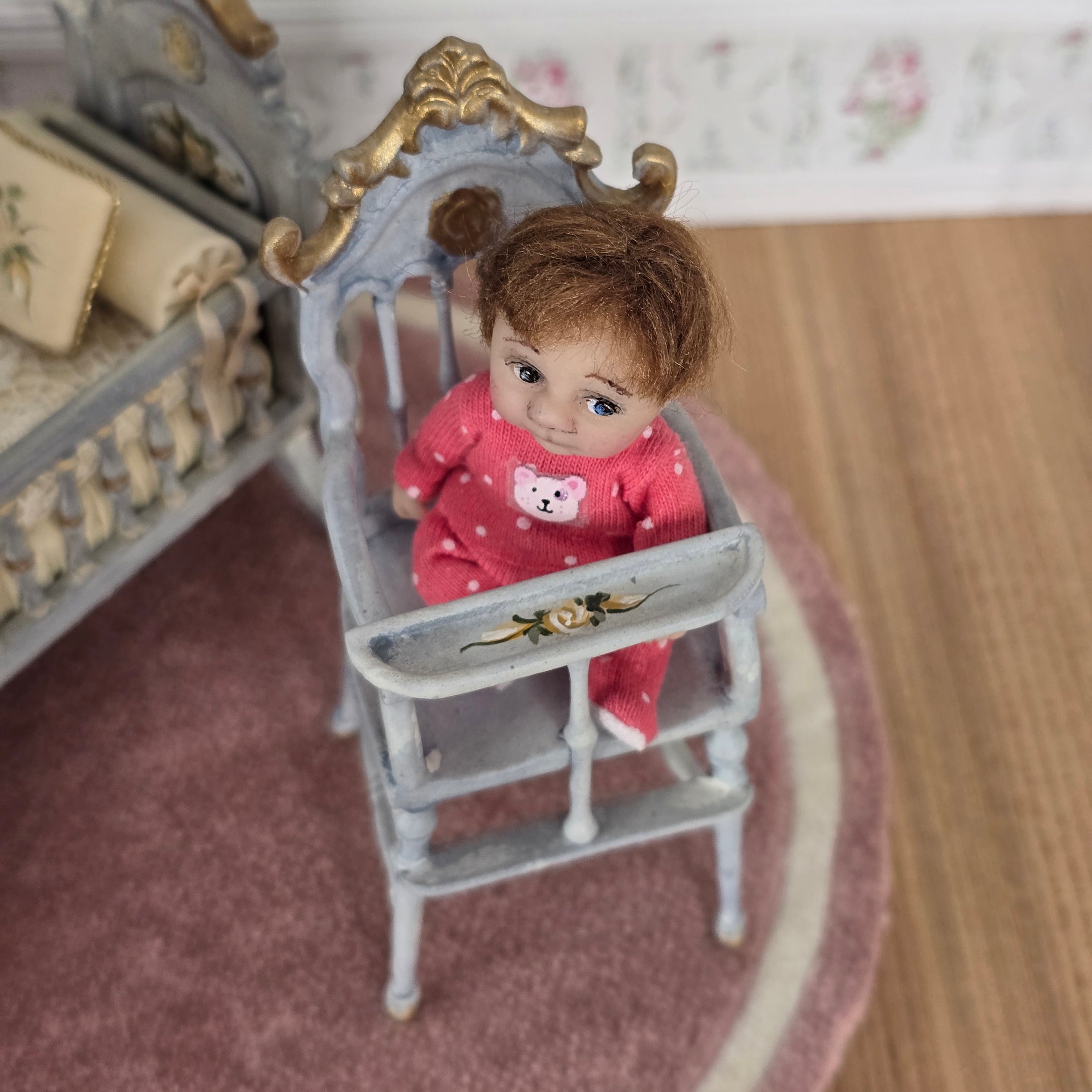 RARE Hand-Painted Carved Wood Antique-Style High Chair by Bluette Meloney