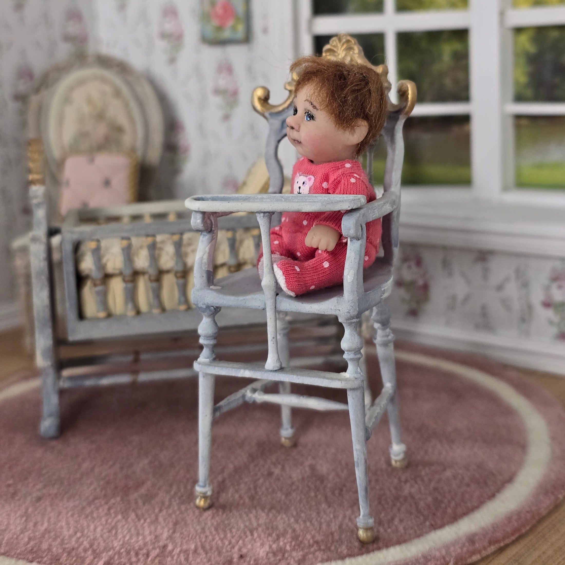 RARE Hand-Painted Carved Wood Antique-Style High Chair by Bluette Meloney