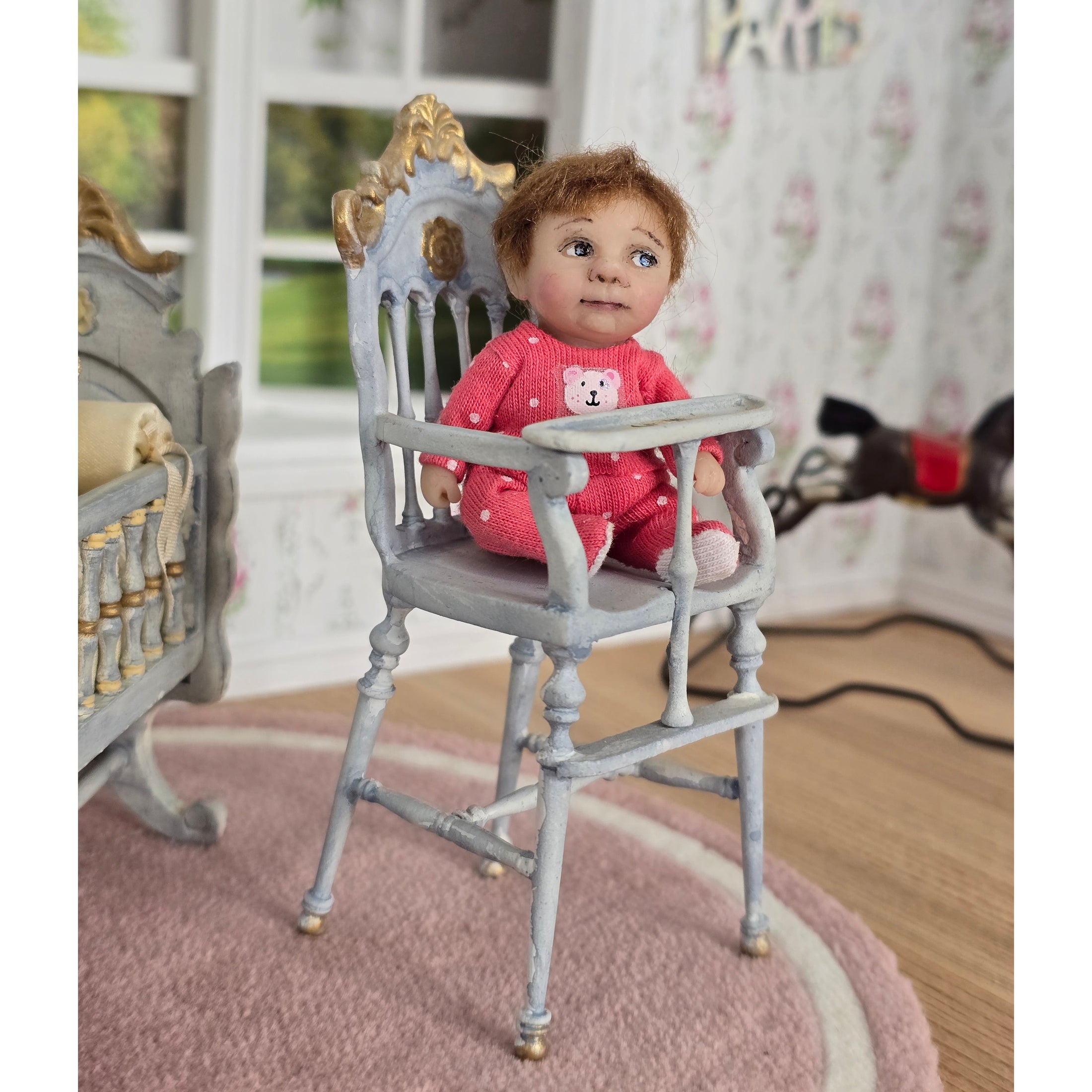 RARE Hand-Painted Carved Wood Antique-Style High Chair by Bluette Meloney