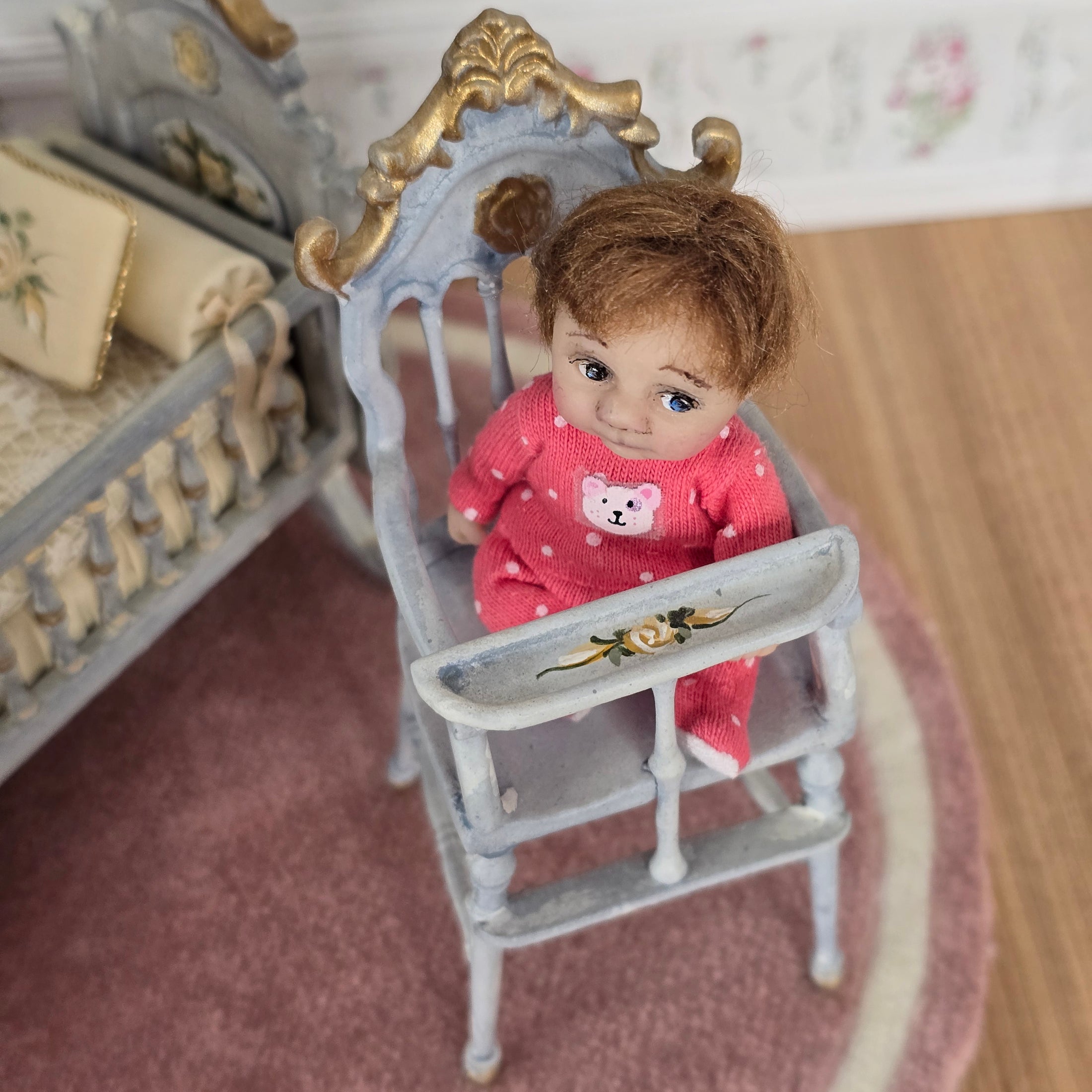 RARE Hand-Painted Carved Wood Antique-Style High Chair by Bluette Meloney
