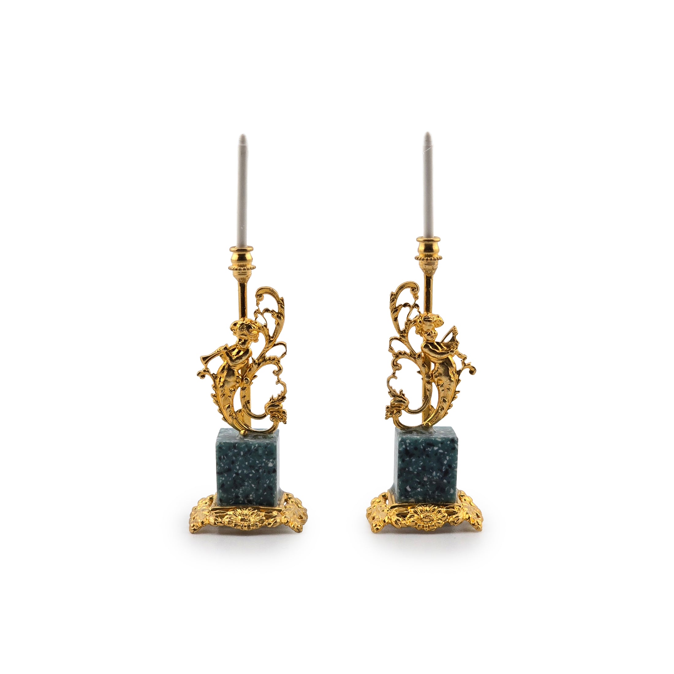 Pair of Miniature Louis XV Bronze & Marble Mermaid Putti Candelabras by David Iriarte
