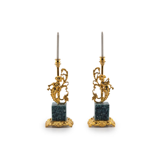 Pair of Miniature Louis XV Bronze & Marble Mermaid Putti Candelabras by David Iriarte