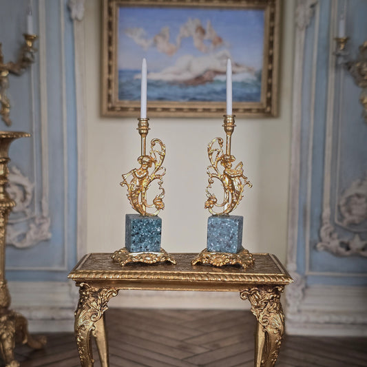 Pair of Miniature Louis XV Bronze & Marble Mermaid Putti Candelabras by David Iriarte