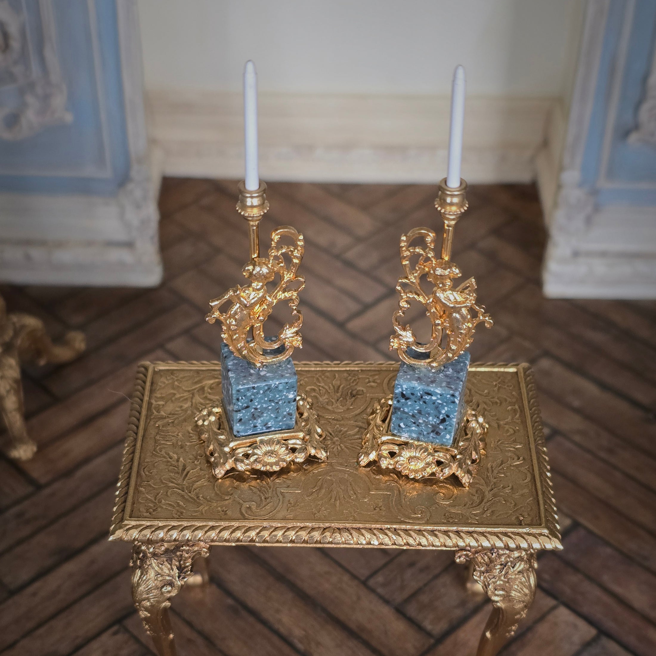 Pair of Miniature Louis XV Bronze & Marble Mermaid Putti Candelabras by David Iriarte