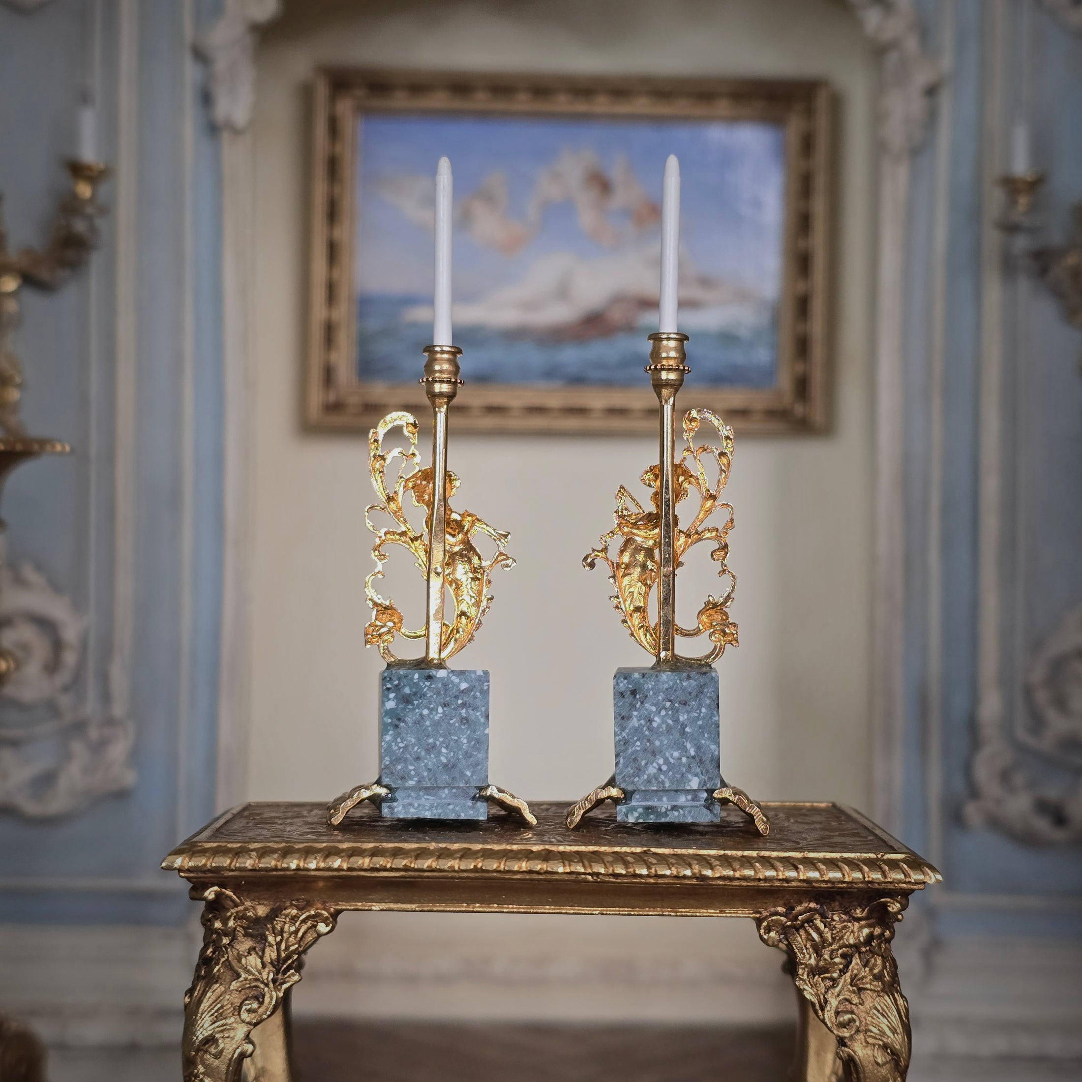 Pair of Miniature Louis XV Bronze & Marble Mermaid Putti Candelabras by David Iriarte