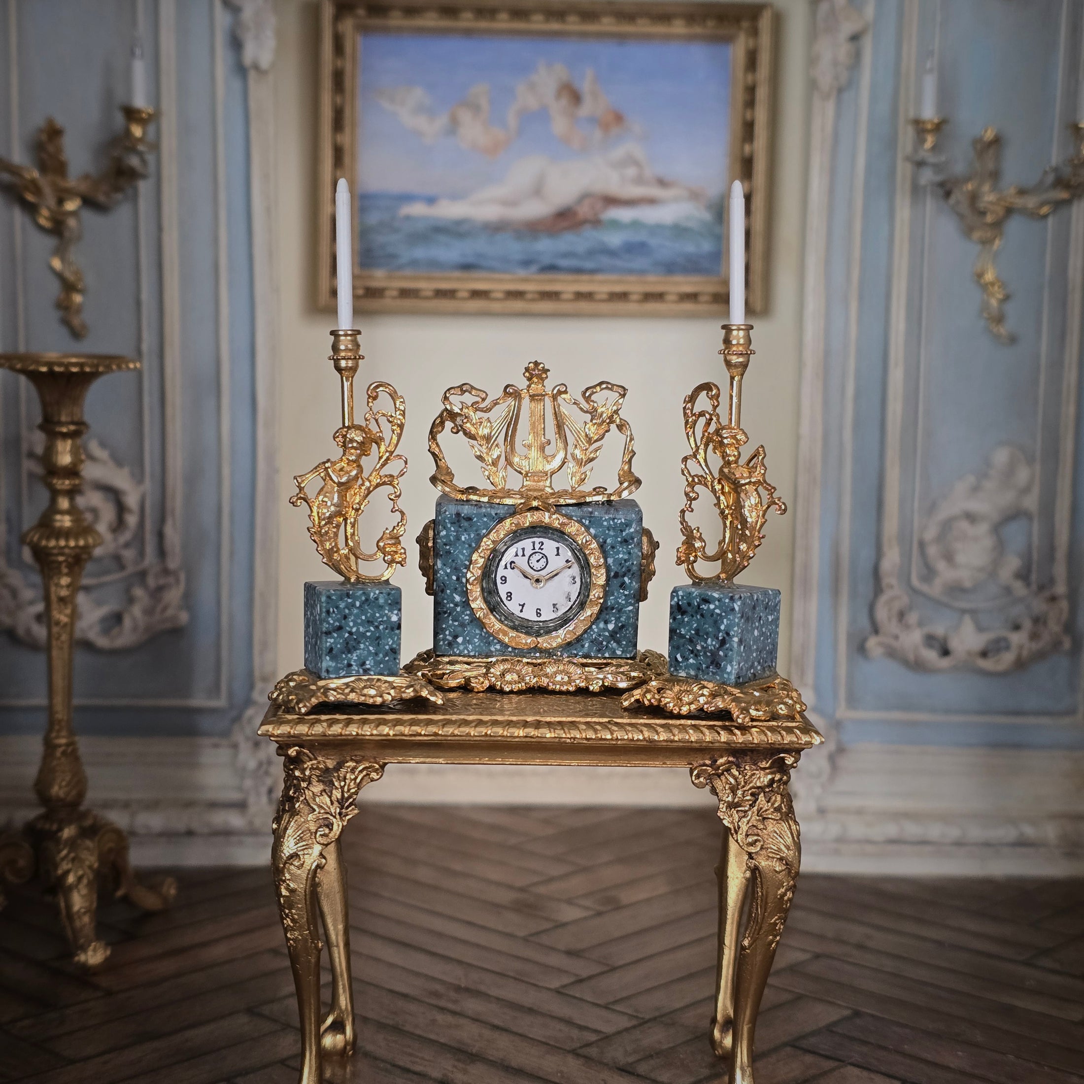Ornate Louis XVI Bronze & Marble Lyre Mantel Clock by David Iriarte Spain
