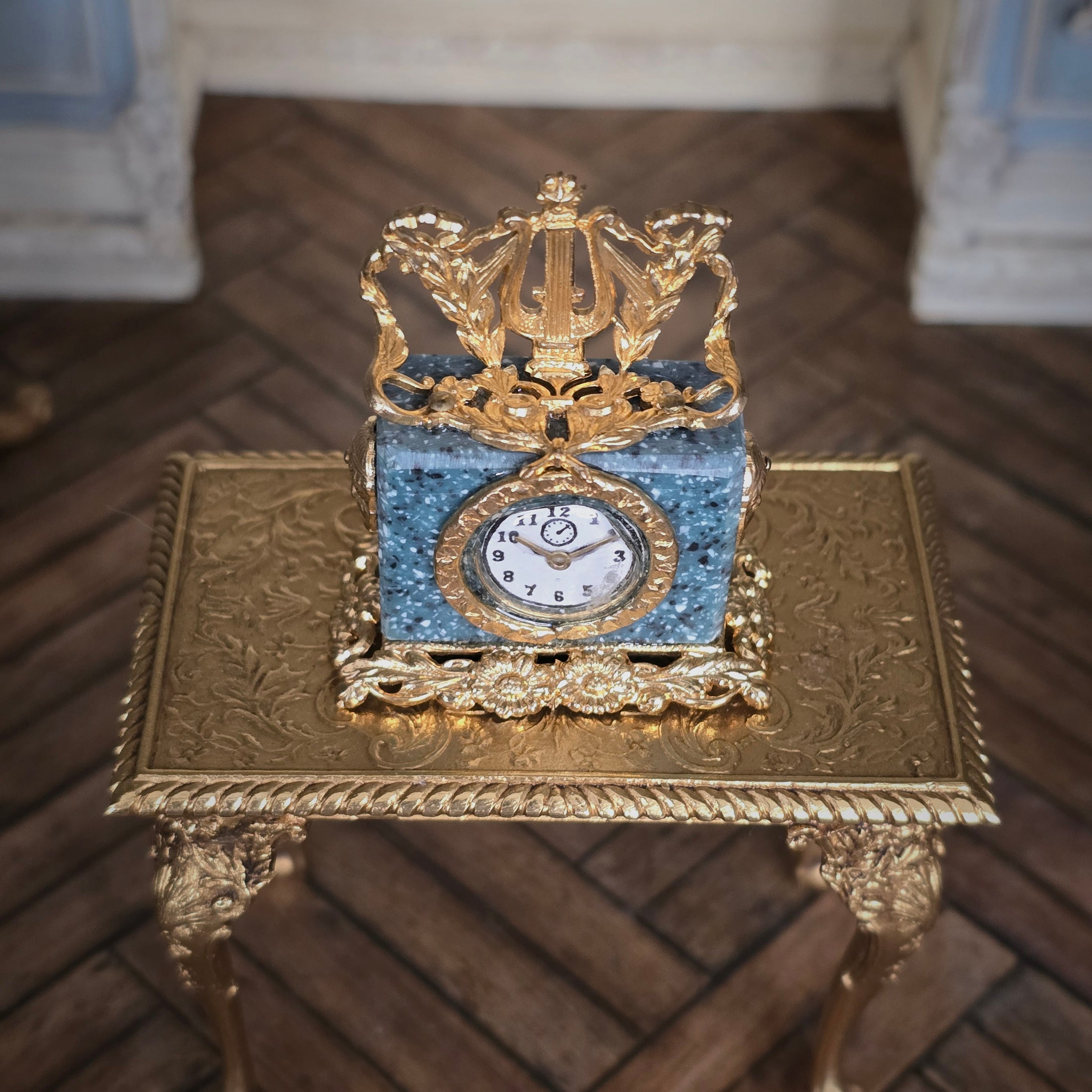 Ornate Louis XVI Bronze & Marble Lyre Mantel Clock by David Iriarte Spain