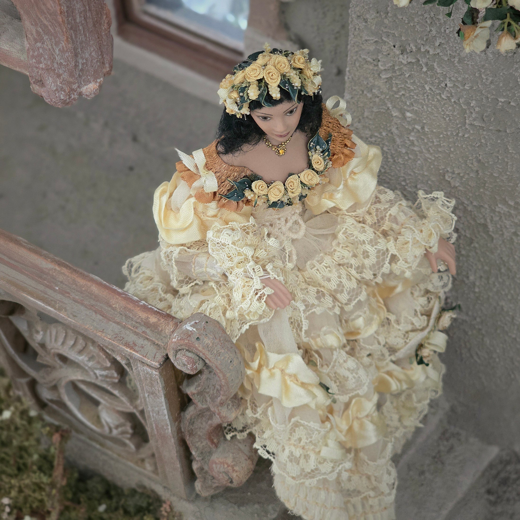 RESERVED SUSAN Lady Doll in Ivory & Buttercream Lace Gown Dark Hair