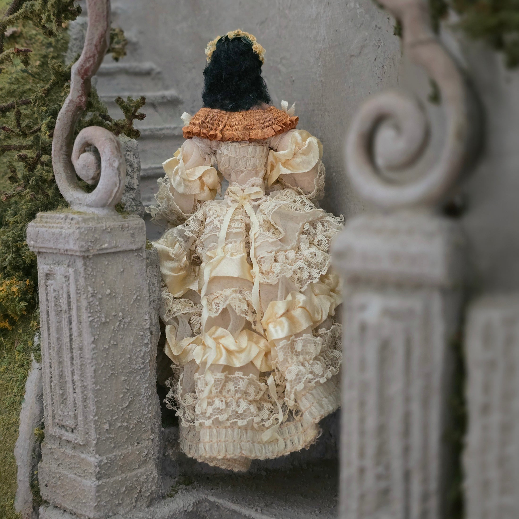 RESERVED SUSAN Lady Doll in Ivory & Buttercream Lace Gown Dark Hair