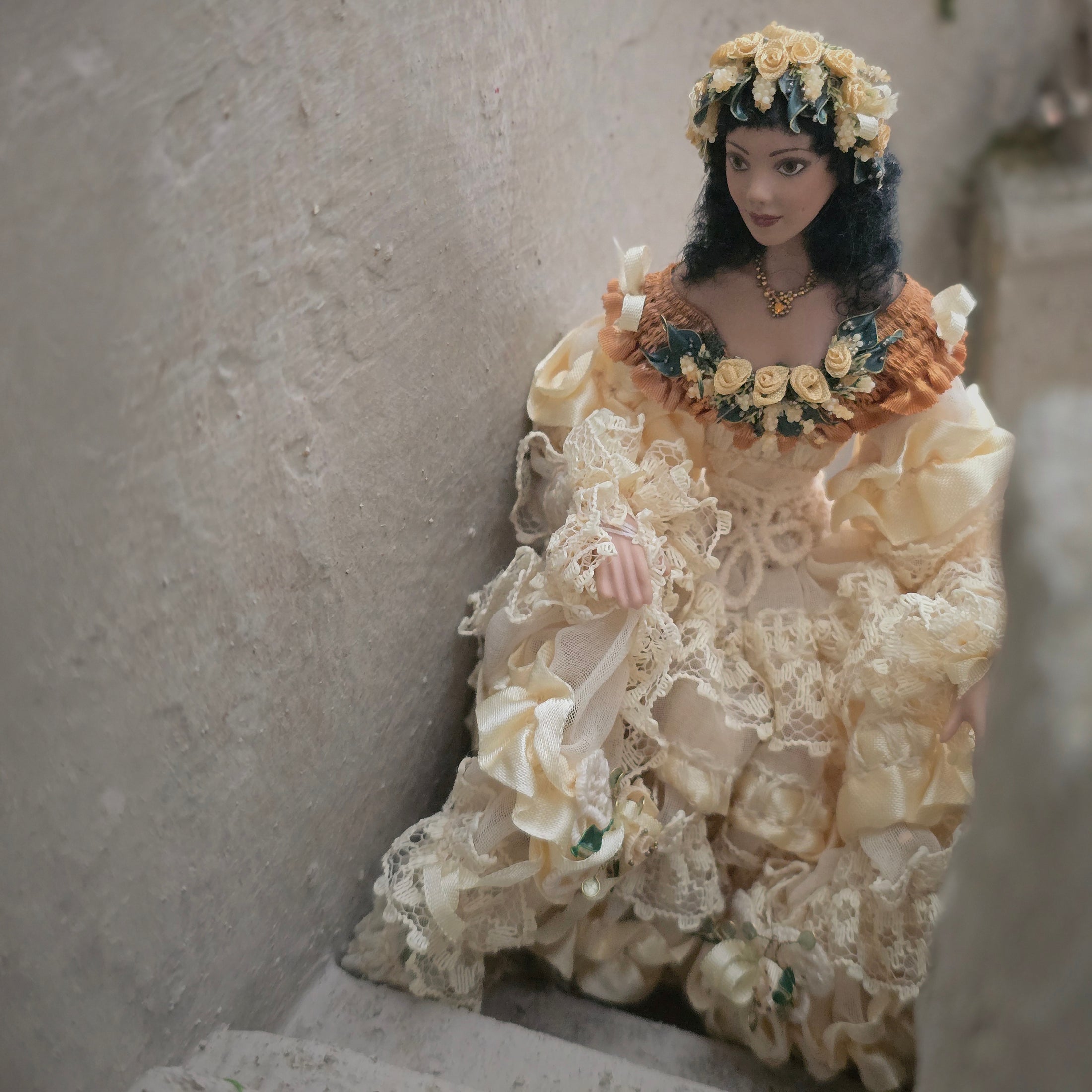 RESERVED SUSAN Lady Doll in Ivory & Buttercream Lace Gown Dark Hair
