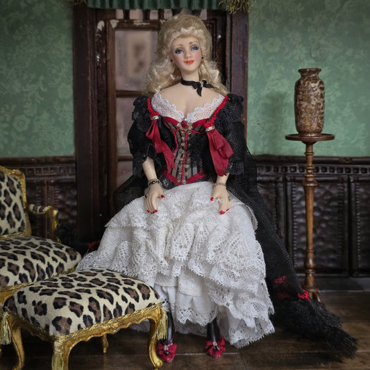 Belle Epoque Blonde in Lace & Crimson Silk Corset Porcelain Dollhouse Doll