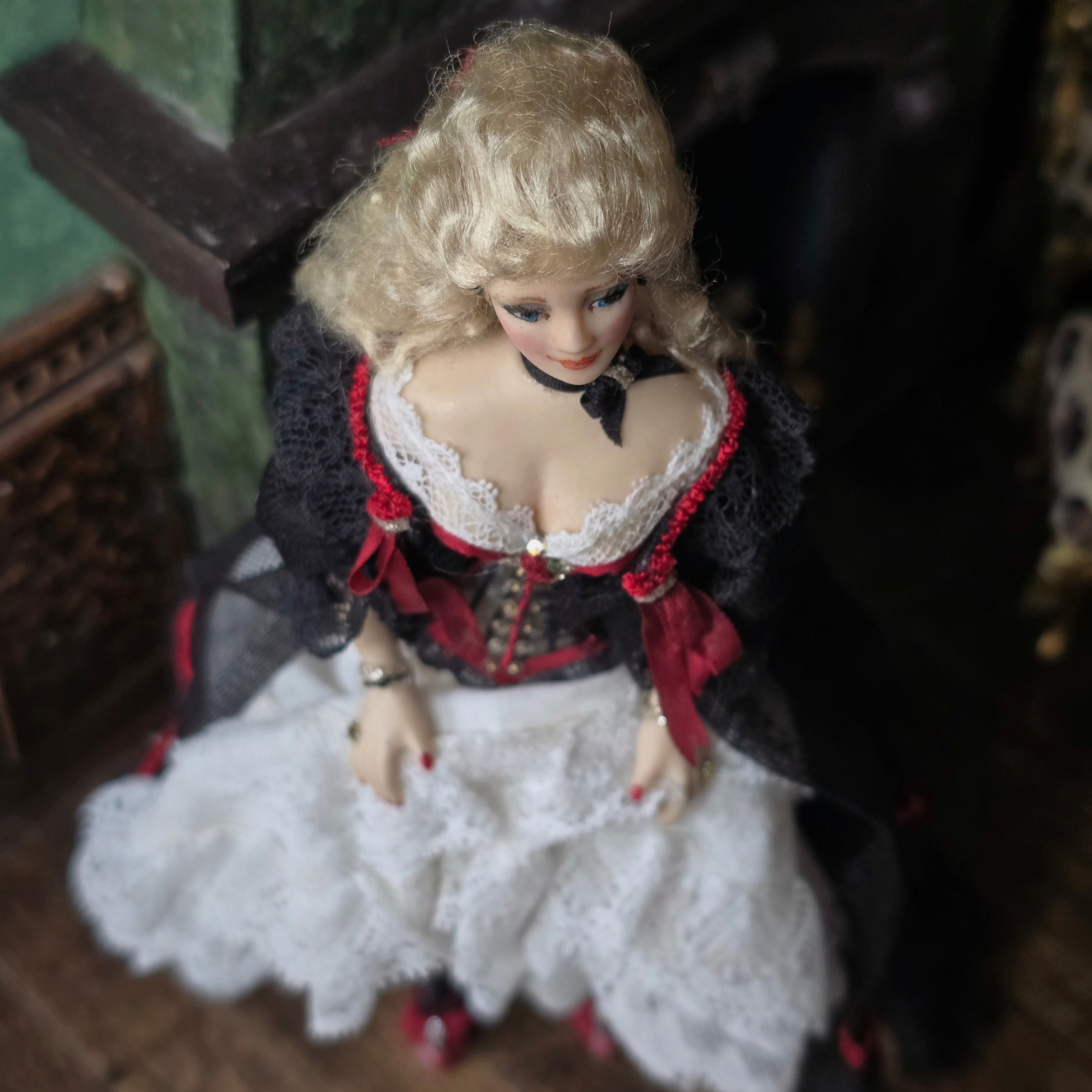 Belle Epoque Blonde in Lace & Crimson Silk Corset Porcelain Dollhouse Doll