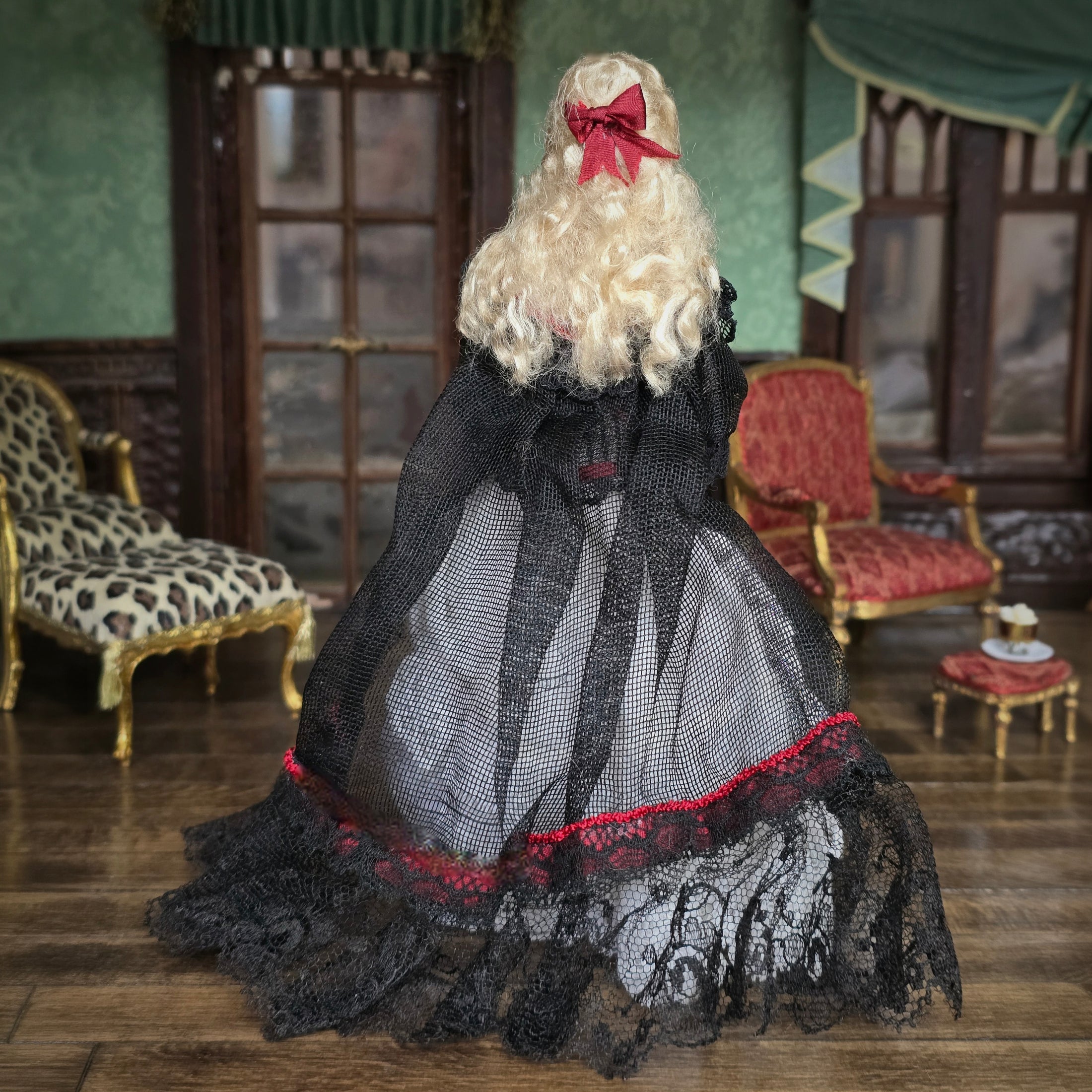 Belle Epoque Blonde in Lace & Crimson Silk Corset Porcelain Dollhouse Doll