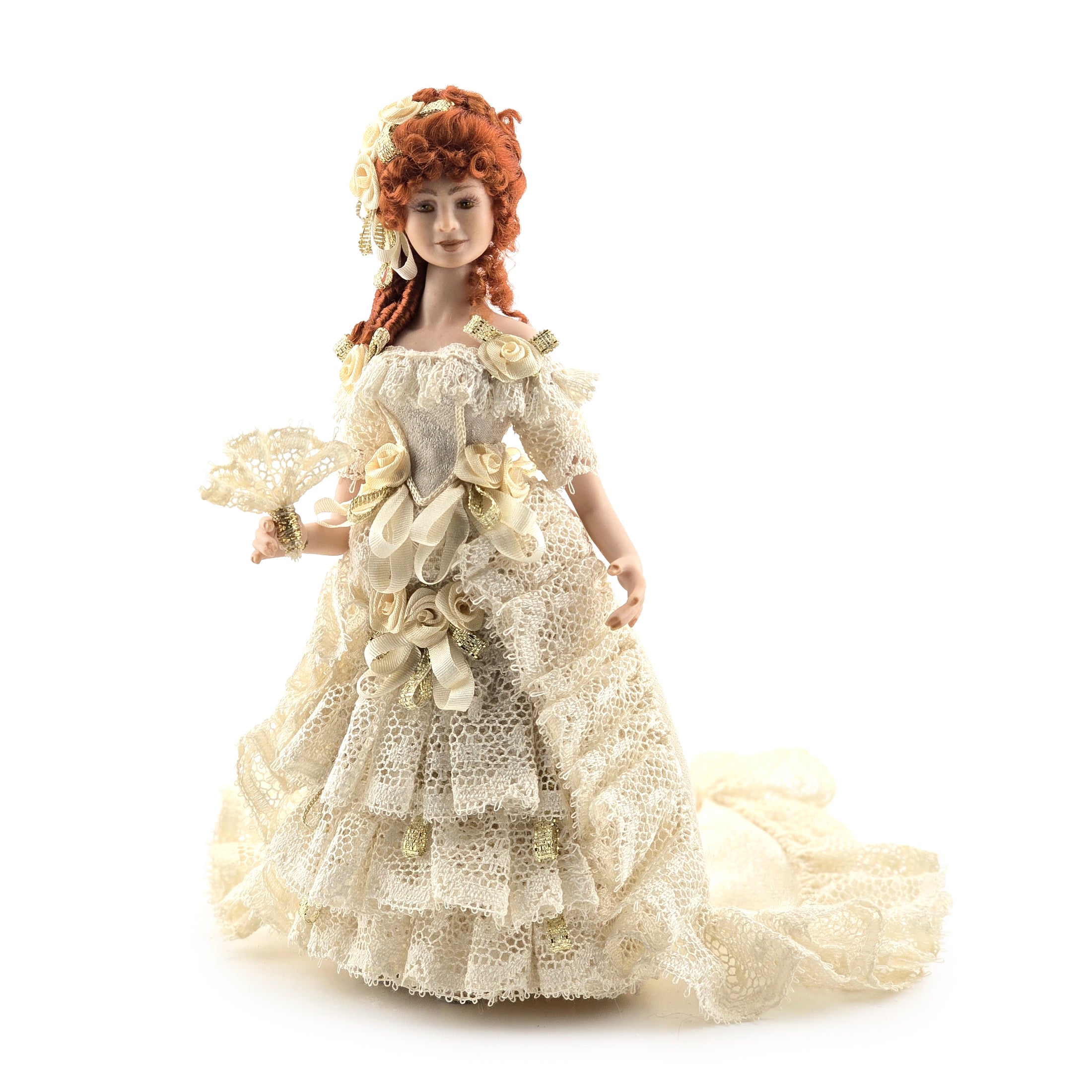 Victorian Porcelain Dollhouse Lady Doll in Ivory Lace Gown with Train, Fan