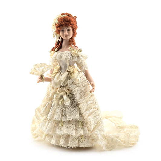 Victorian Porcelain Dollhouse Lady Doll in Ivory Lace Gown with Train, Fan