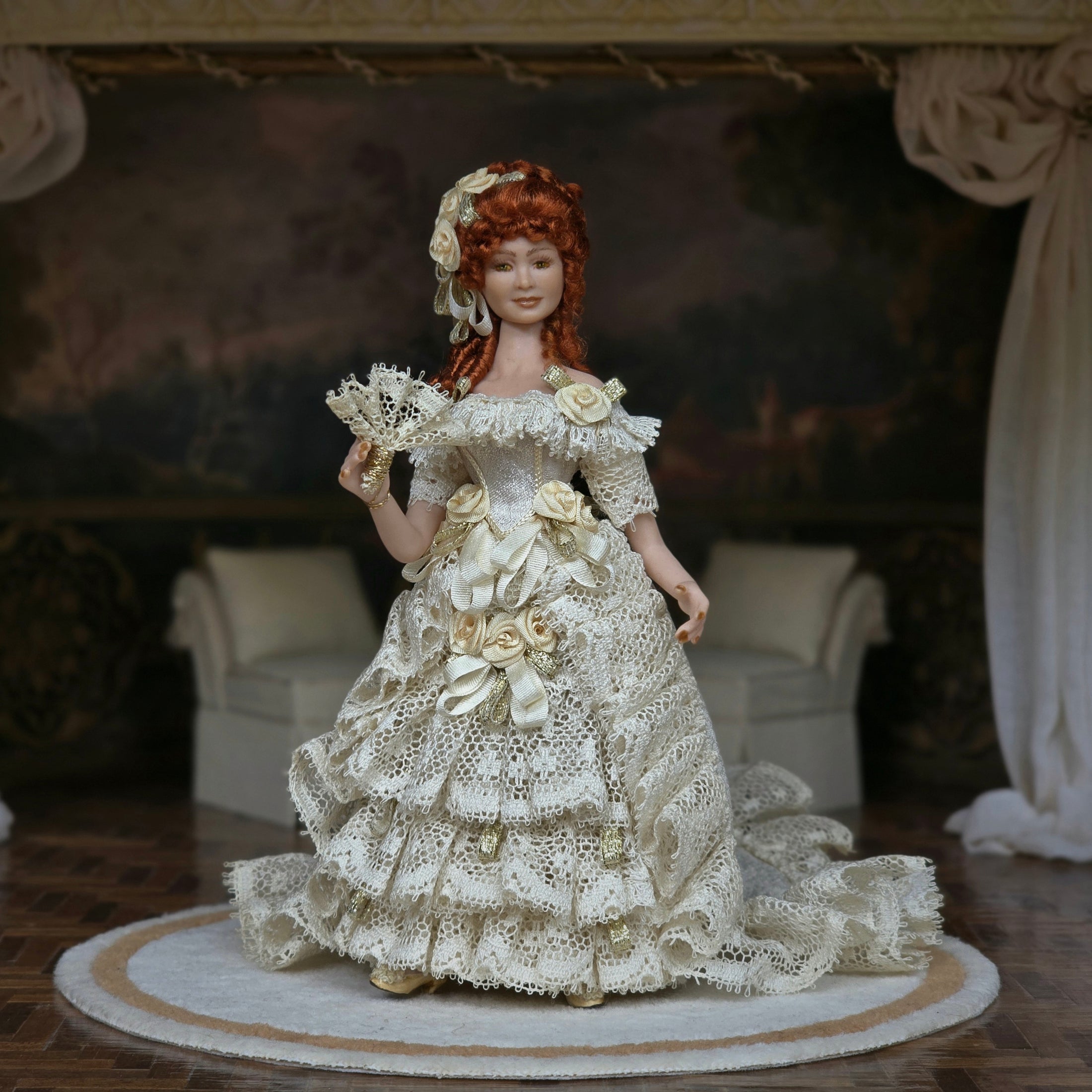 Victorian Porcelain Dollhouse Lady Doll in Ivory Lace Gown with Train, Fan