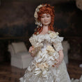 Load image into Gallery viewer, Victorian Porcelain Dollhouse Lady Doll in Ivory Lace Gown with Train, Fan
