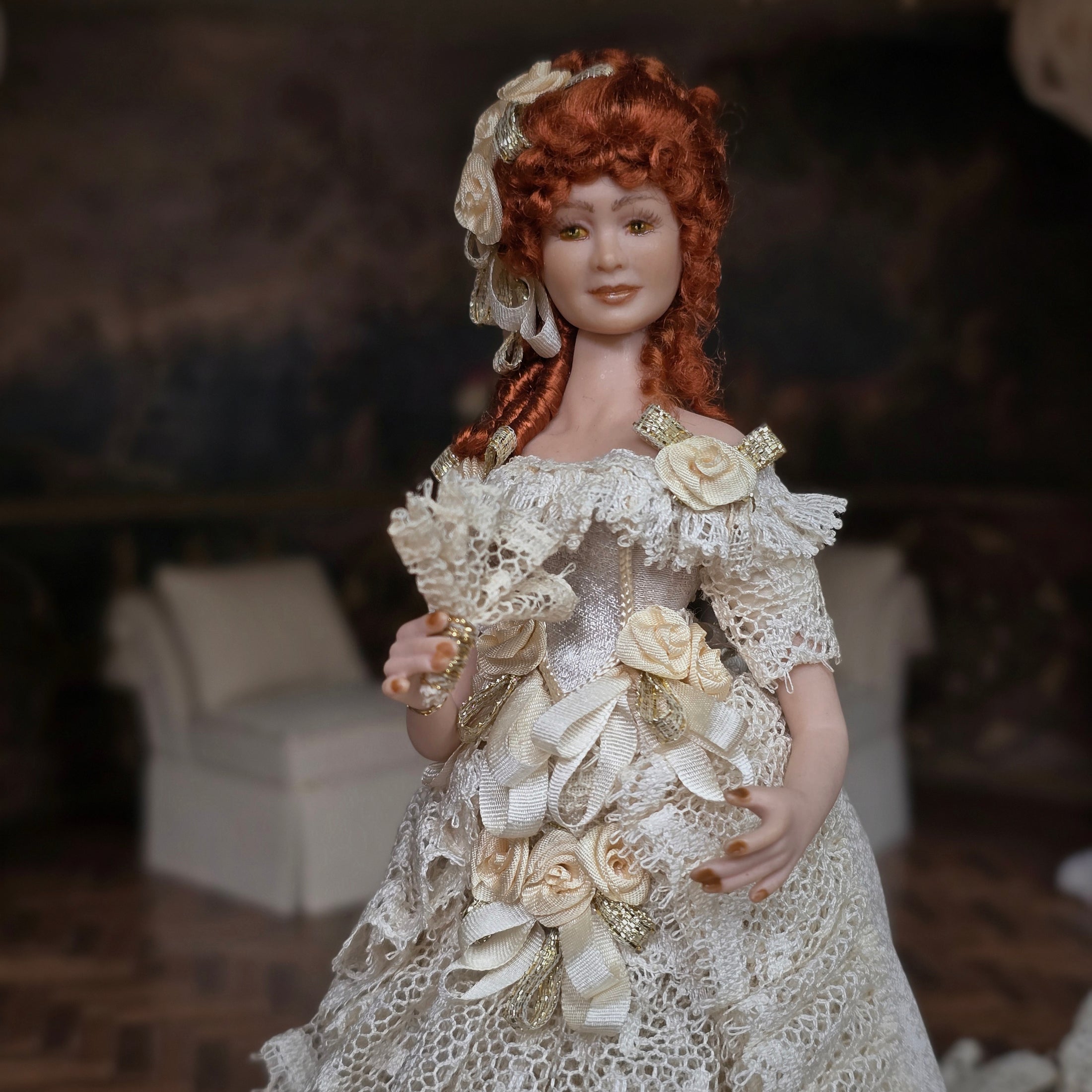 Victorian Porcelain Dollhouse Lady Doll in Ivory Lace Gown with Train, Fan