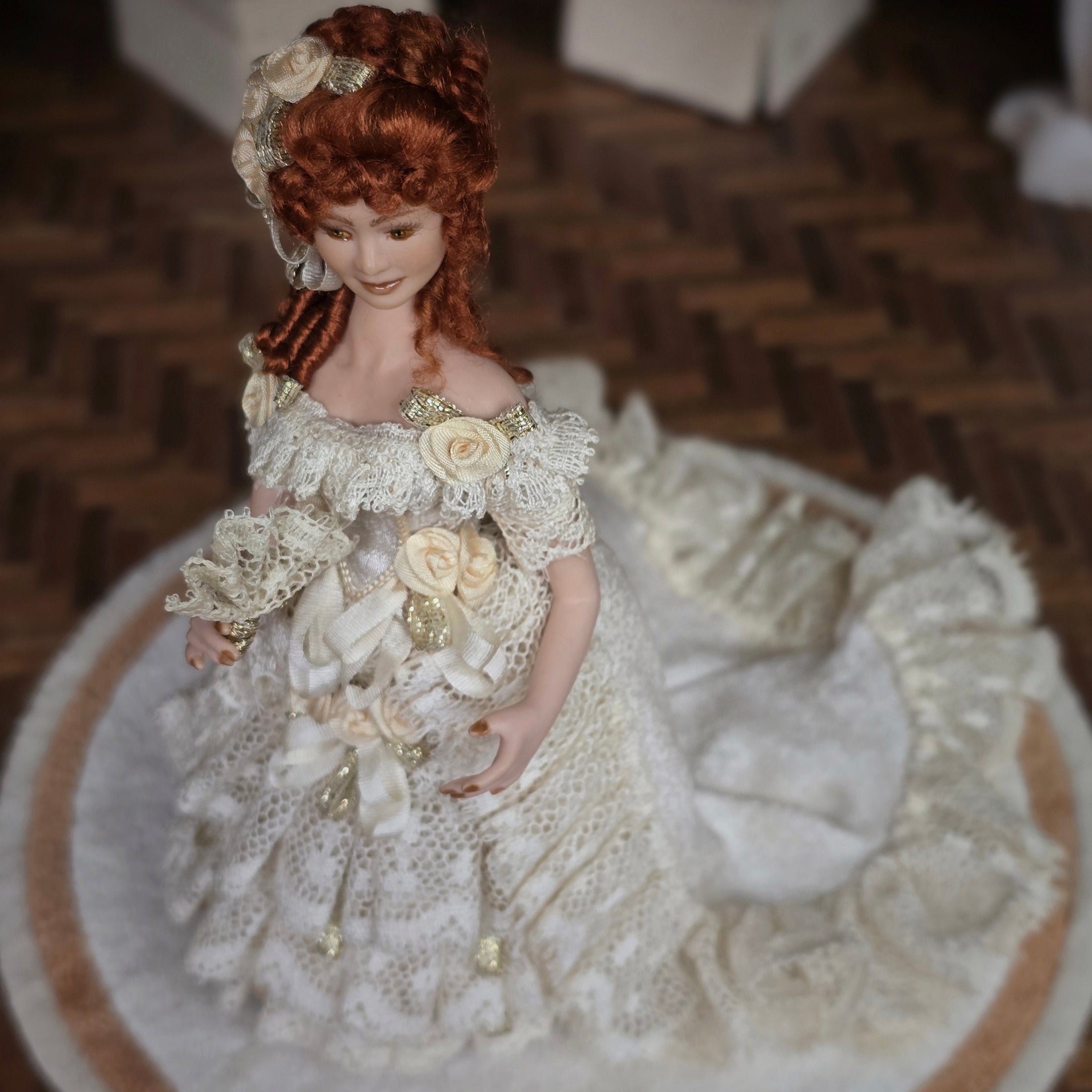 Victorian Porcelain Dollhouse Lady Doll in Ivory Lace Gown with Train, Fan