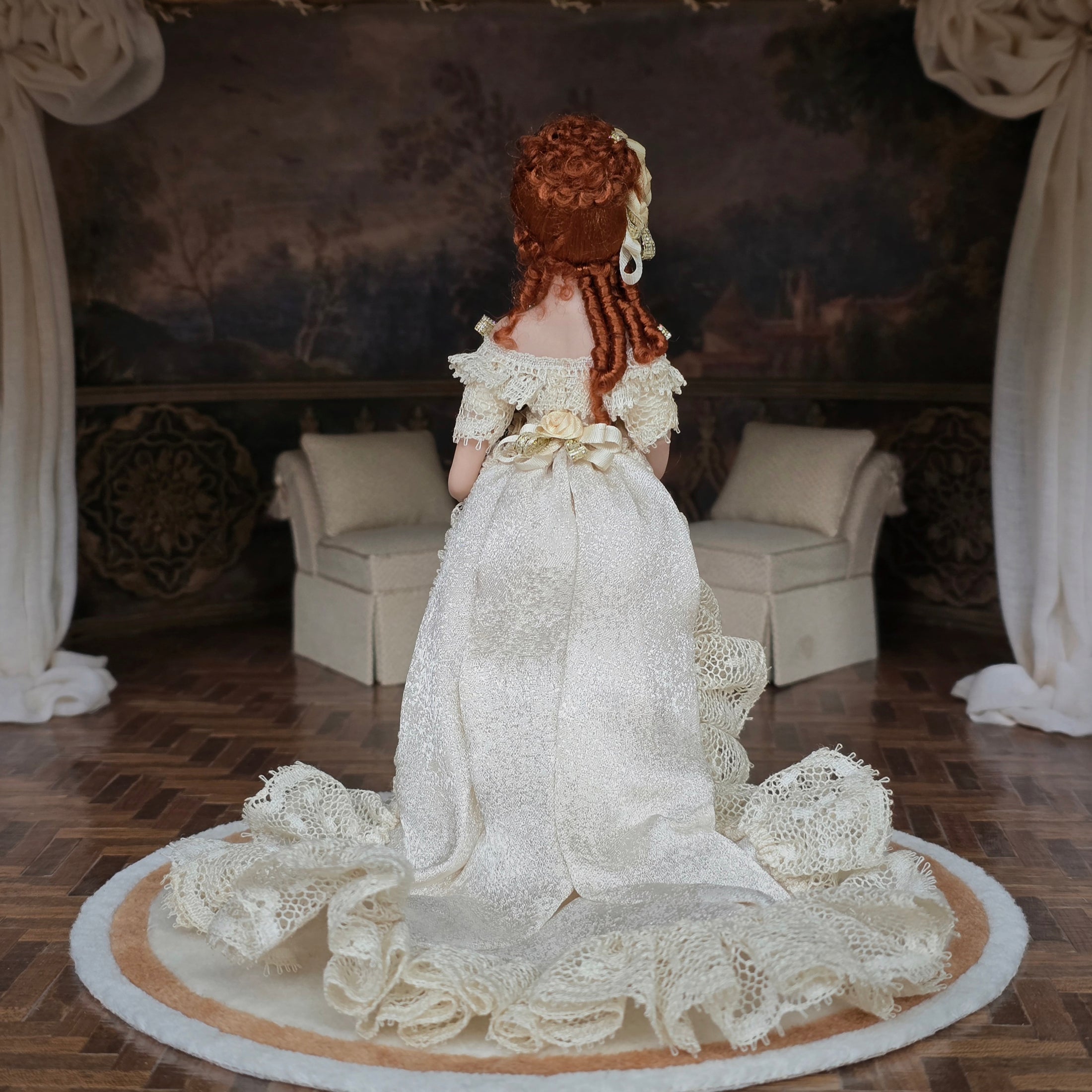 Victorian Porcelain Dollhouse Lady Doll in Ivory Lace Gown with Train, Fan