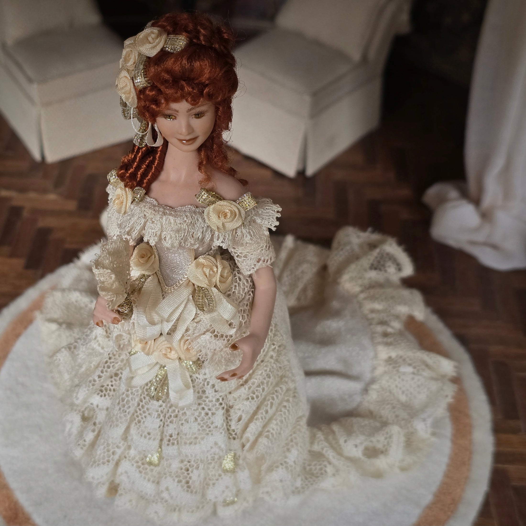 Victorian Porcelain Dollhouse Lady Doll in Ivory Lace Gown with Train, Fan