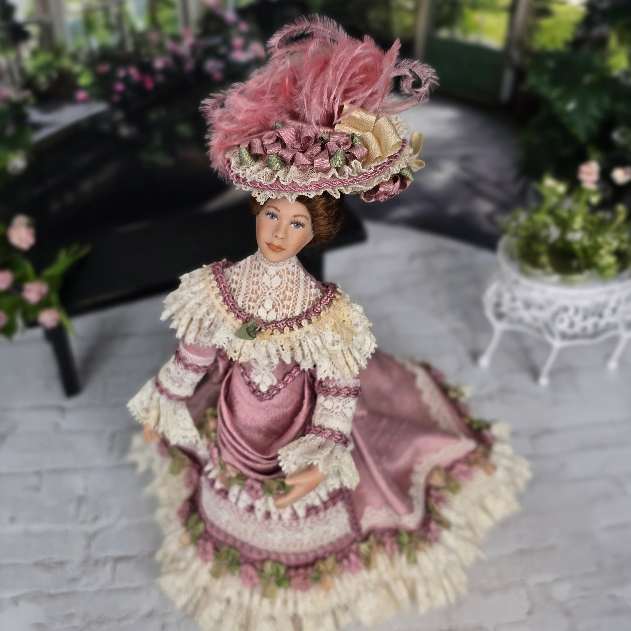 Victorian Porcelain Lady Dollhouse Doll in Rose Silk & Lace Garden Gown, Hat