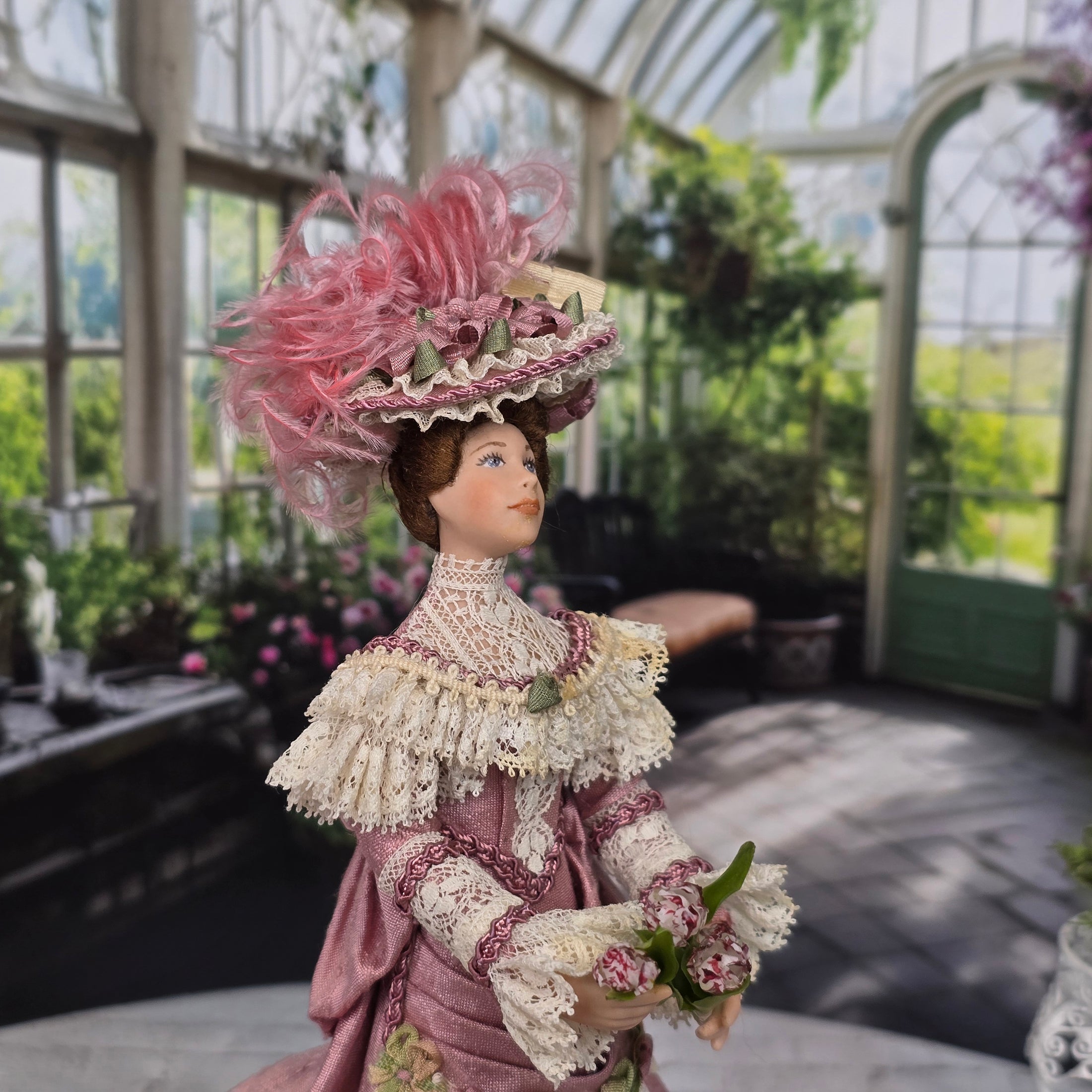 Victorian Porcelain Lady Dollhouse Doll in Rose Silk & Lace Garden Gown, Hat