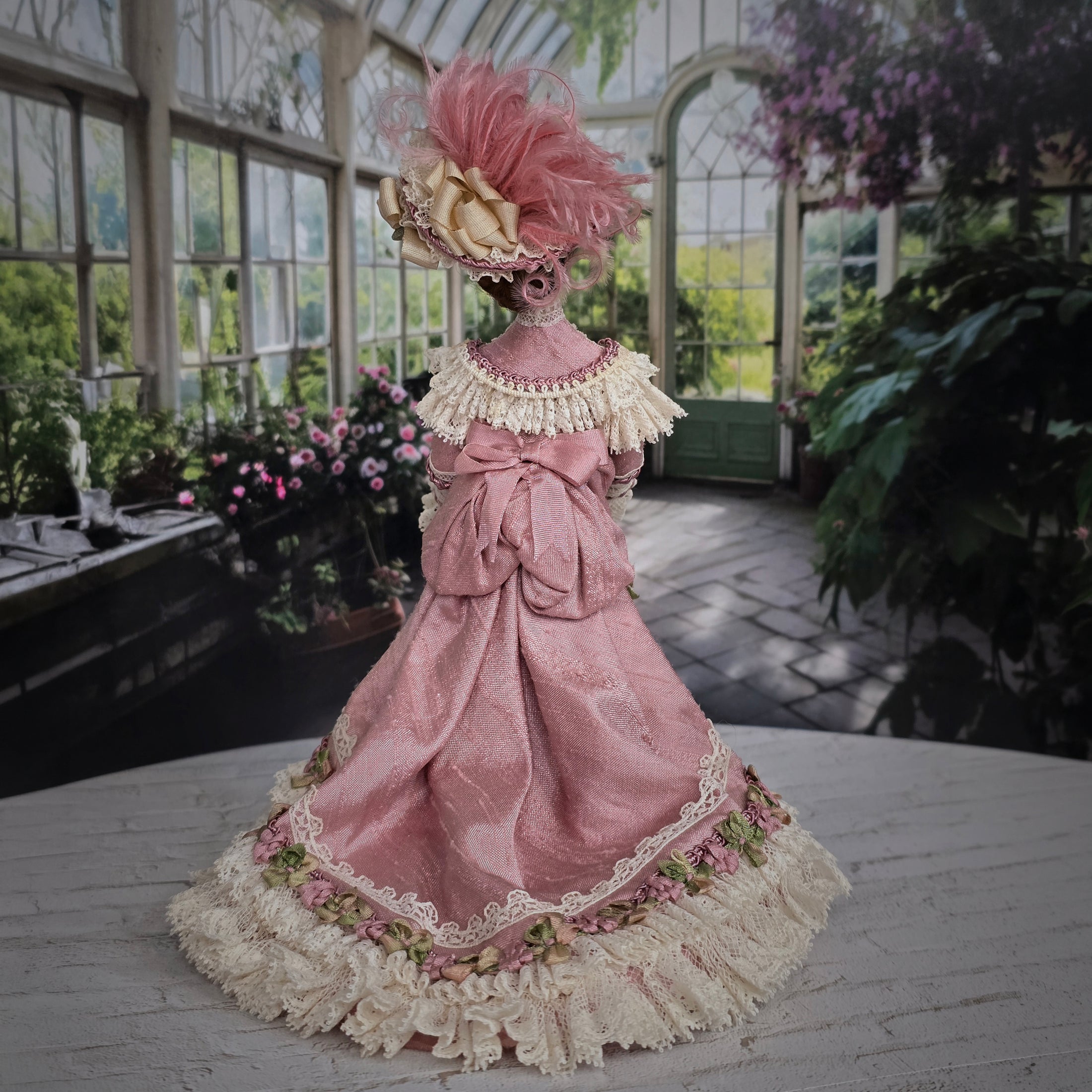 Victorian Porcelain Lady Dollhouse Doll in Rose Silk & Lace Garden Gown, Hat