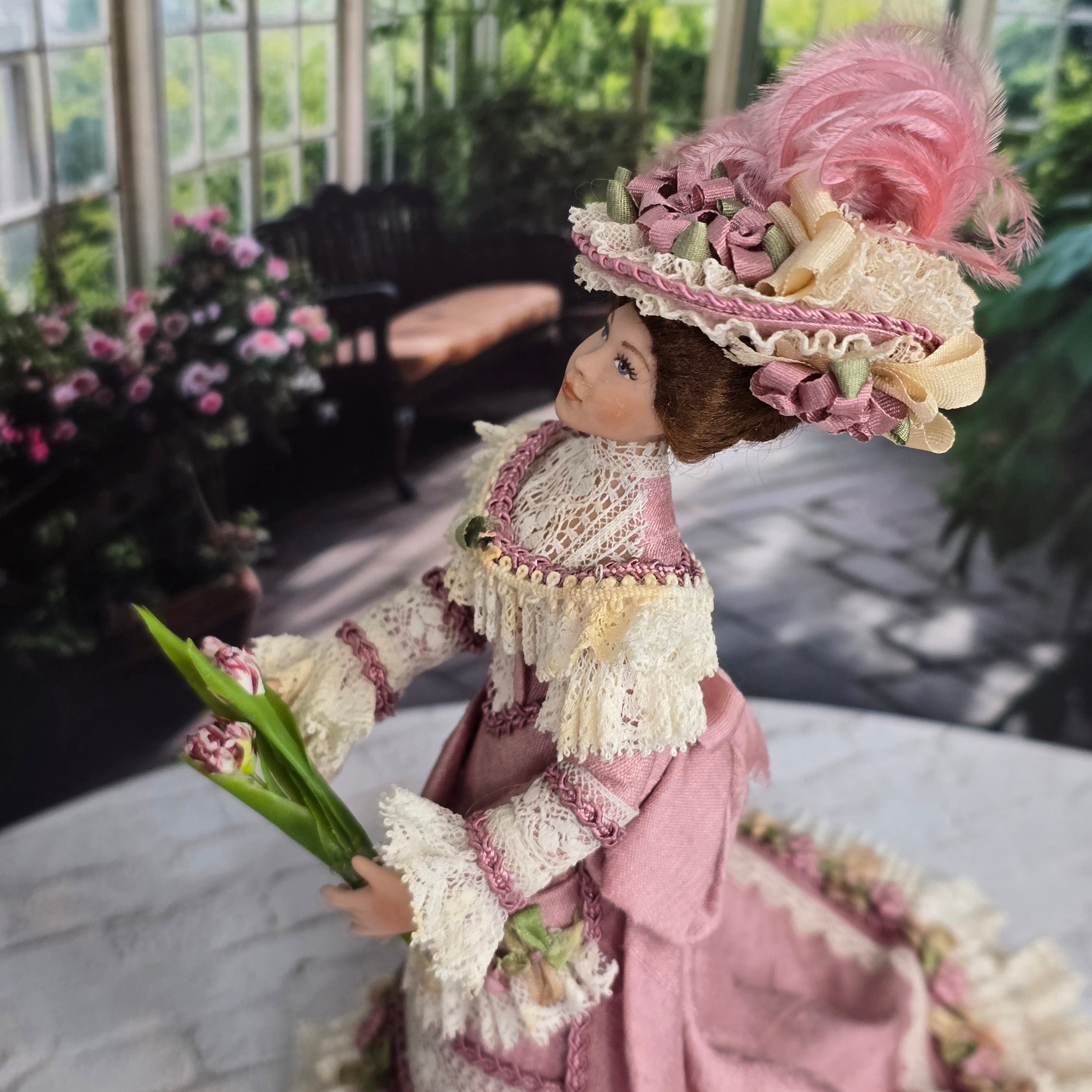 Victorian Porcelain Lady Dollhouse Doll in Rose Silk & Lace Garden Gown, Hat