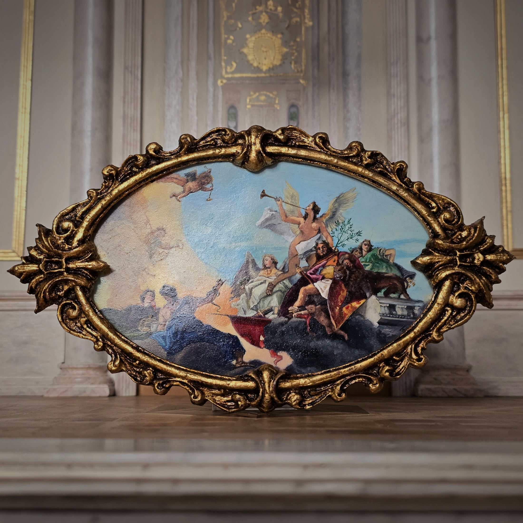 Fatima Dona Miniature Framed Oil Painting After Tiepolo Barbaro Family Gilt Frame