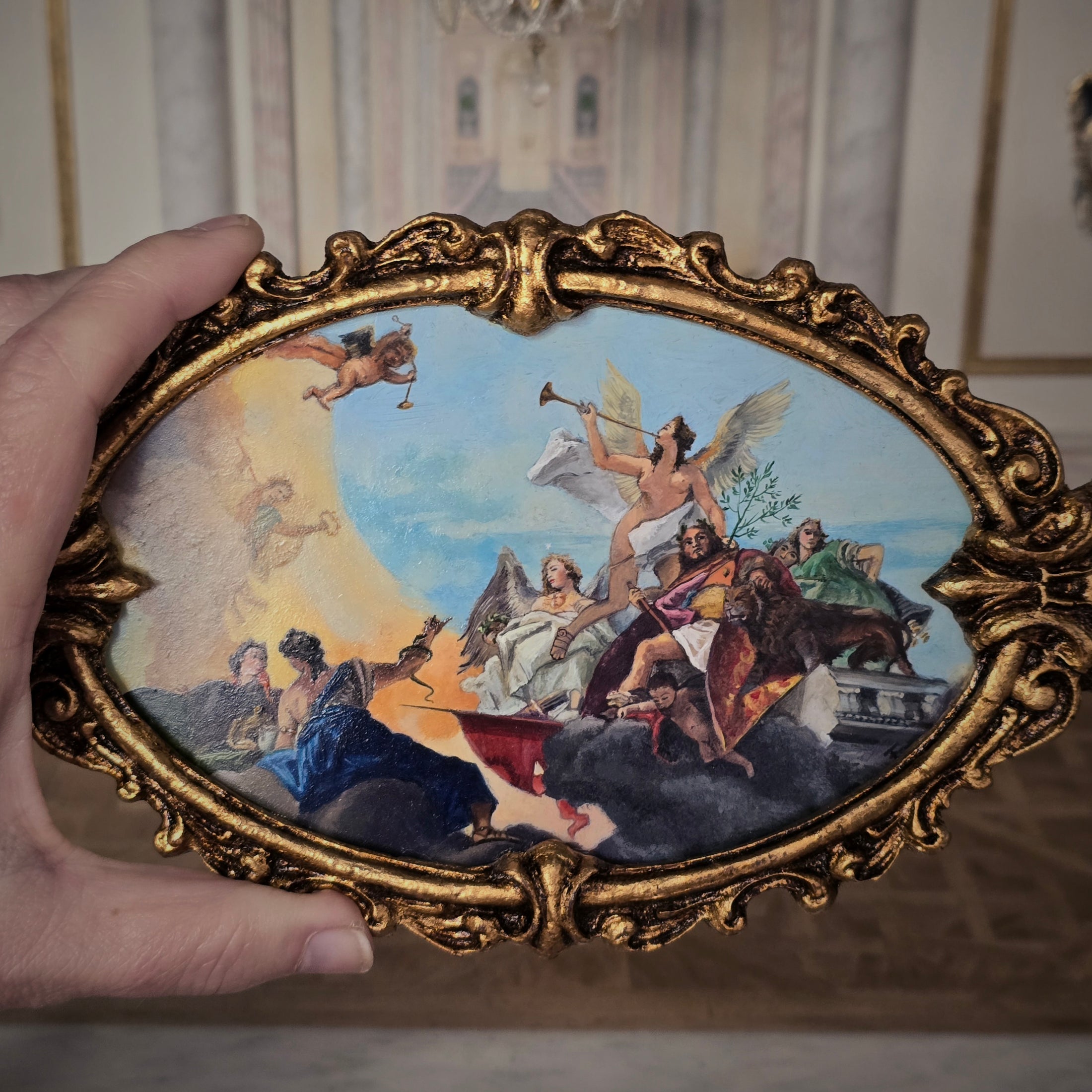 Fatima Dona Miniature Framed Oil Painting After Tiepolo Barbaro Family Gilt Frame
