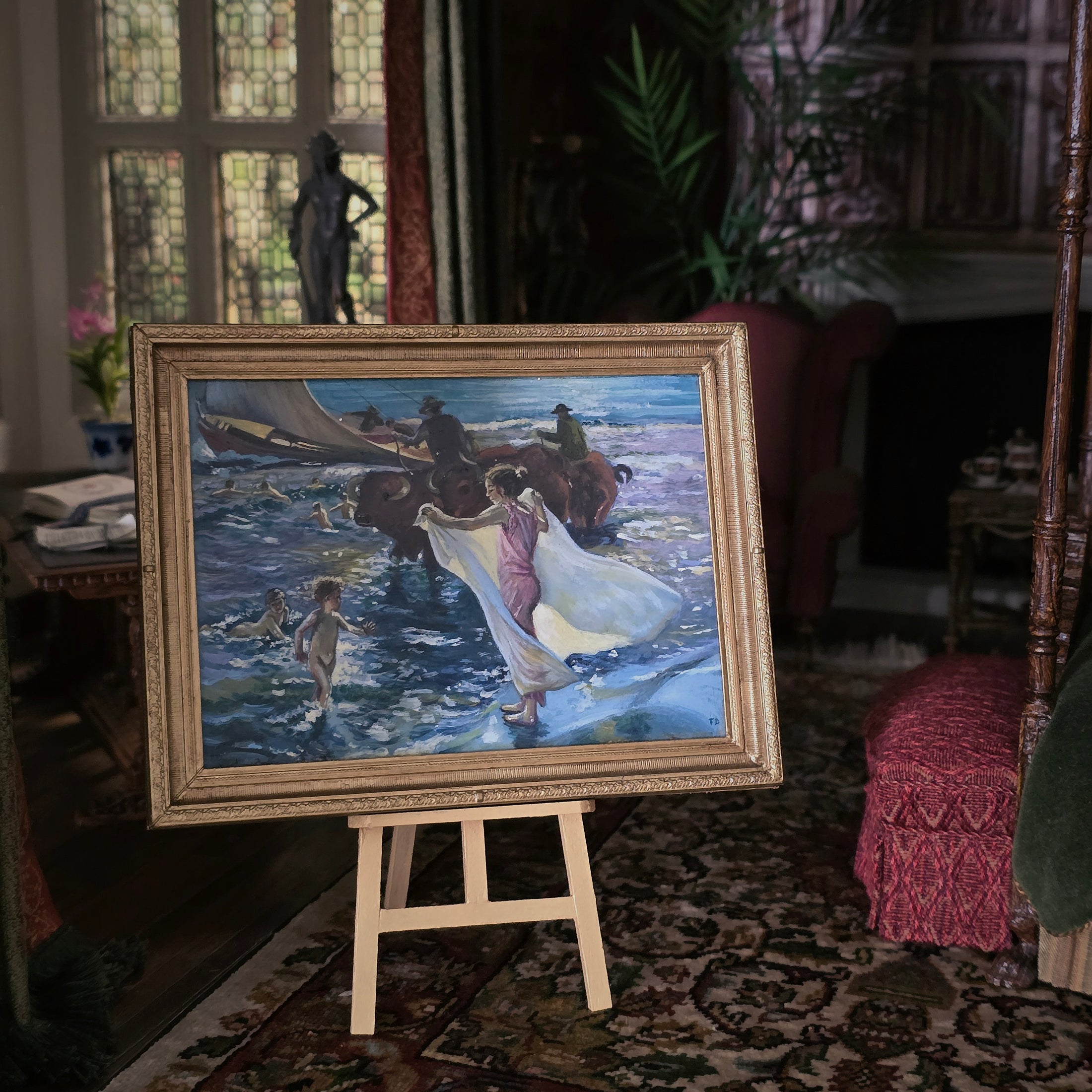 Fatima Dona Miniature Oil Painting After Sorolla Bathing Time Gilt Frame